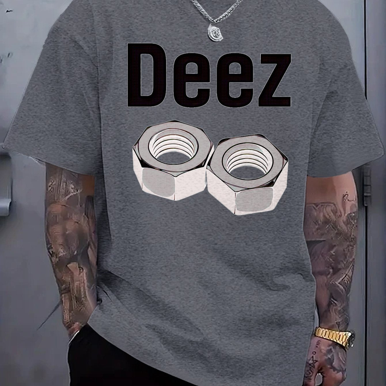 Men's Casual Loose Fit Round Neck T-Shirt - White Tee with Bold "Deez" Text & Nut Graphics, Machine Washable Streetwear Top for Everyday Comfort