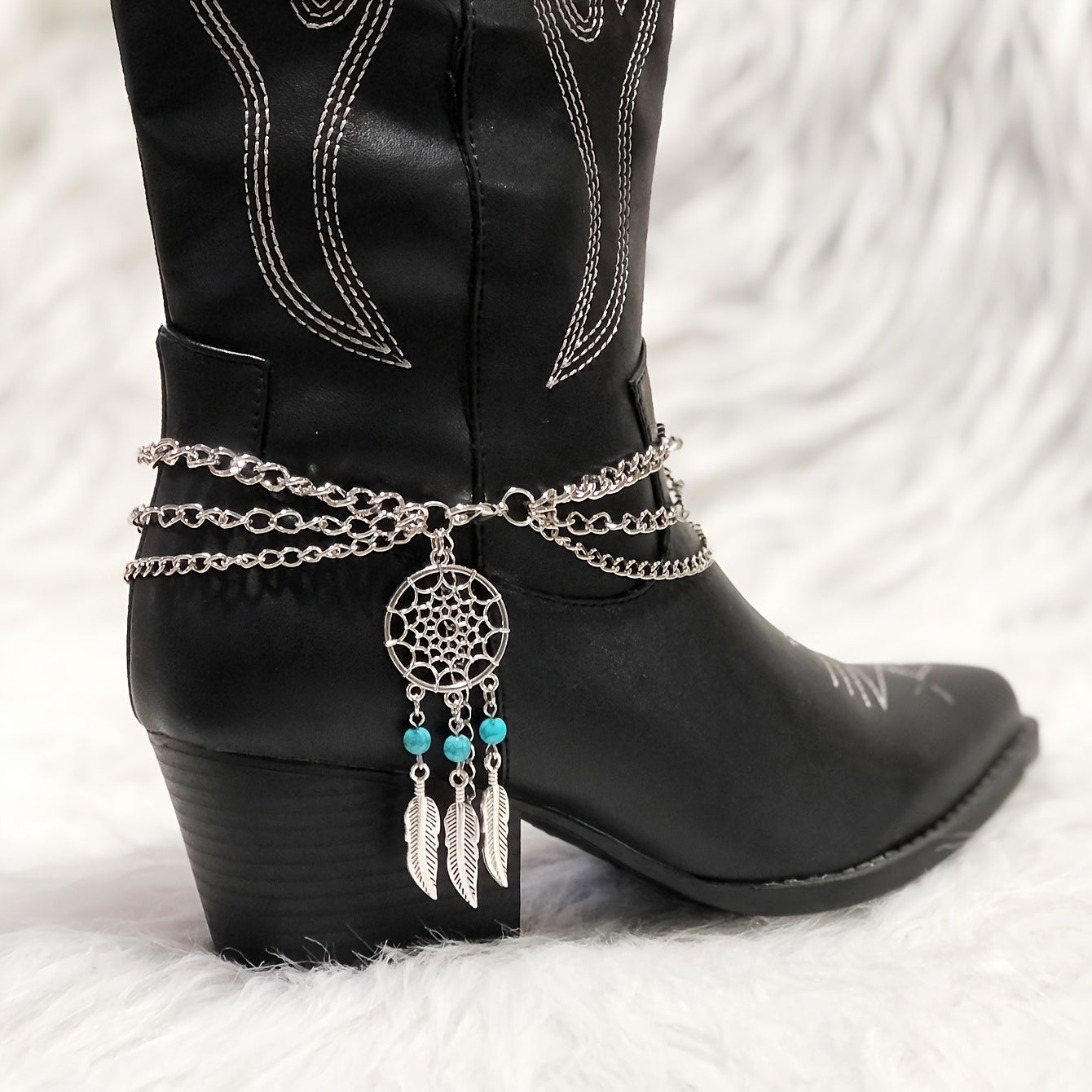[Bohemian Shoe Decor] Bohemian Green Agate Blue Beads Feather Tassel Shoe Decor | Iron Material, with Wing Details, for DIY Boot Accessories, Perfect for Valentine's Day, Mardi Gras Day, Christmas, Western Cowboy Boots