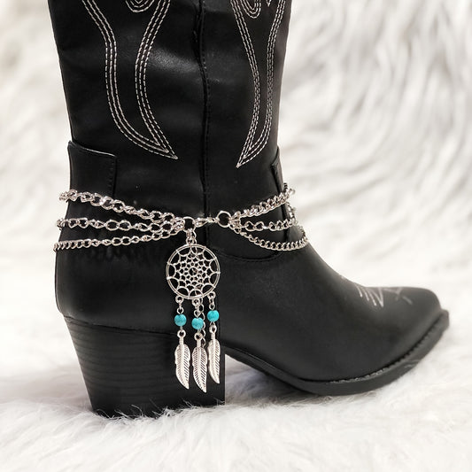[Bohemian Shoe Decor] Bohemian Green Agate Blue Beads Feather Tassel Shoe Decor | Iron Material, with Wing Details, for DIY Boot Accessories, Perfect for Valentine's Day, Mardi Gras Day, Christmas, Western Cowboy Boots