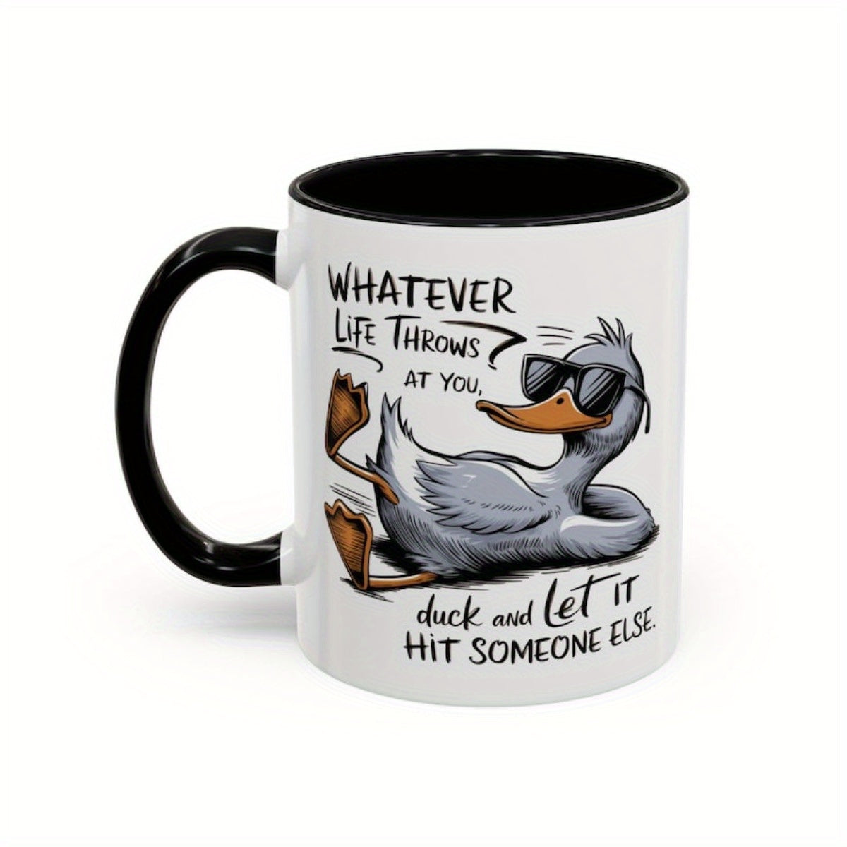 1pc 11oz Ceramic Coffee Mug with Funny Duck Quote "Whatever Life Throws at You, Duck and Let It Hit Someone Else" - Humorous White Cup with Fashion Glasses Duck Design & Black Handle, Dishwasher Safe, Perfect Gift for Friends