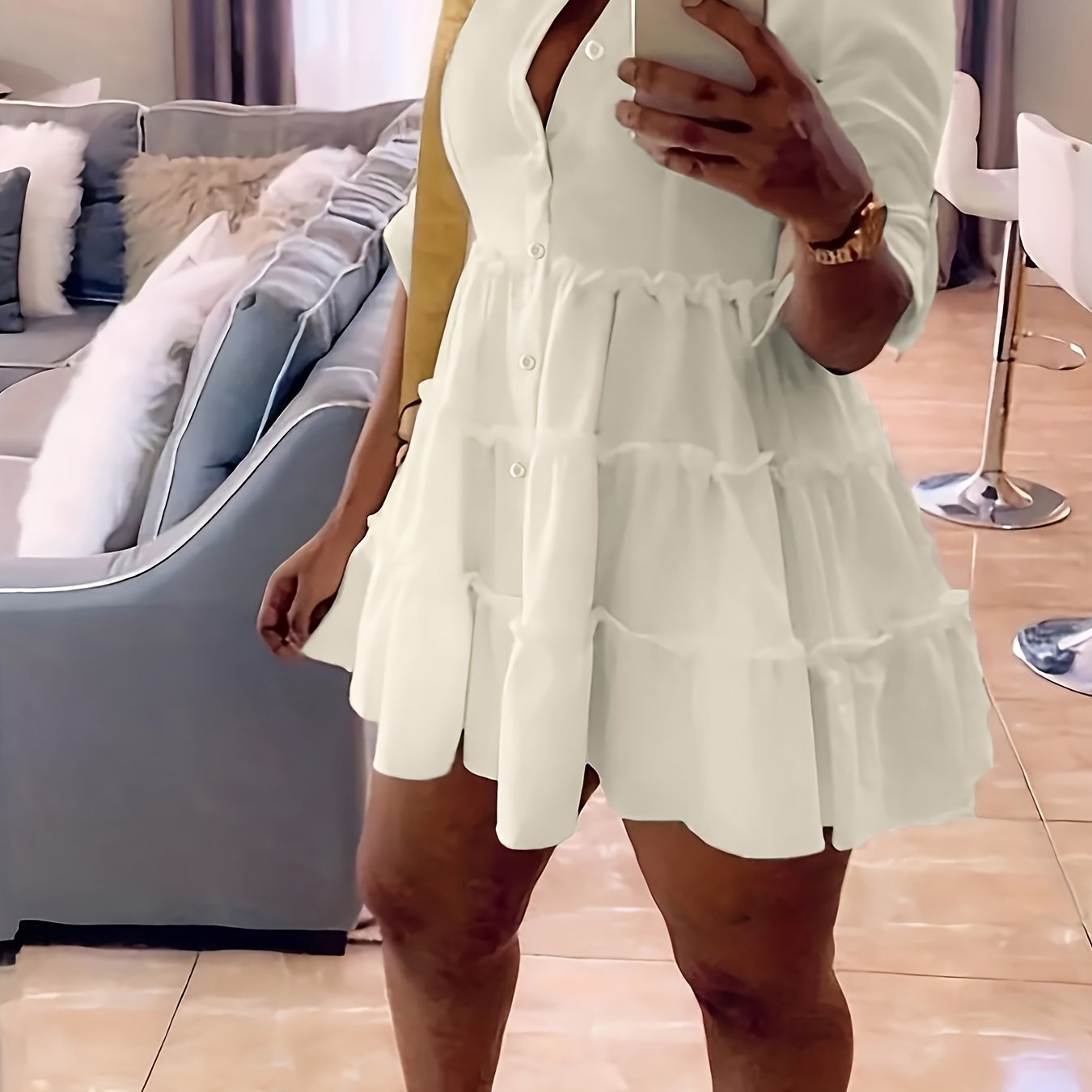 Single Elegant Half Sleeve Ruffle Trim Solid Color Shirt Dress for Spring & Summer, Women's Clothing