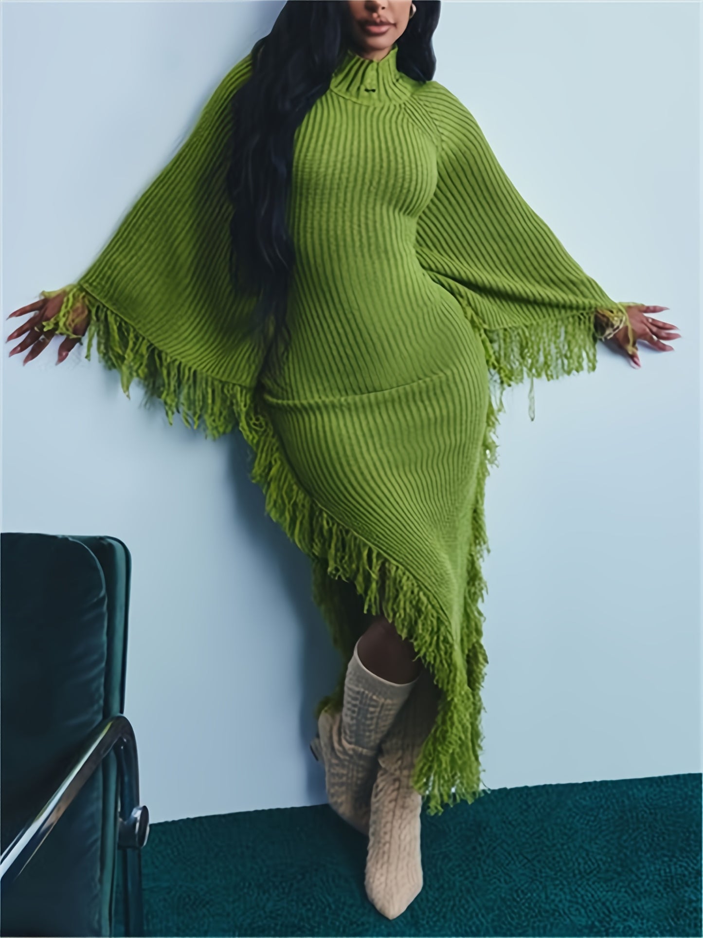 Fringe Trim Sweater Dress For Women, Batwing Long Sleeve High Neck Maxi Dress With Asymmetrical Hem, Sexy And Chic Style, For Fall Winter