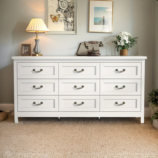 Spacious 9-Drawer Dresser for Bedroom - Modern White Chest of Drawers with Vintage Pulls, Ideal for Clothes Storage and Organization, 15.7"D x 63"W x 31.5"H, Clothes Organizer|Elegant Furniture|Decorative Legs, Bedroom Dresse