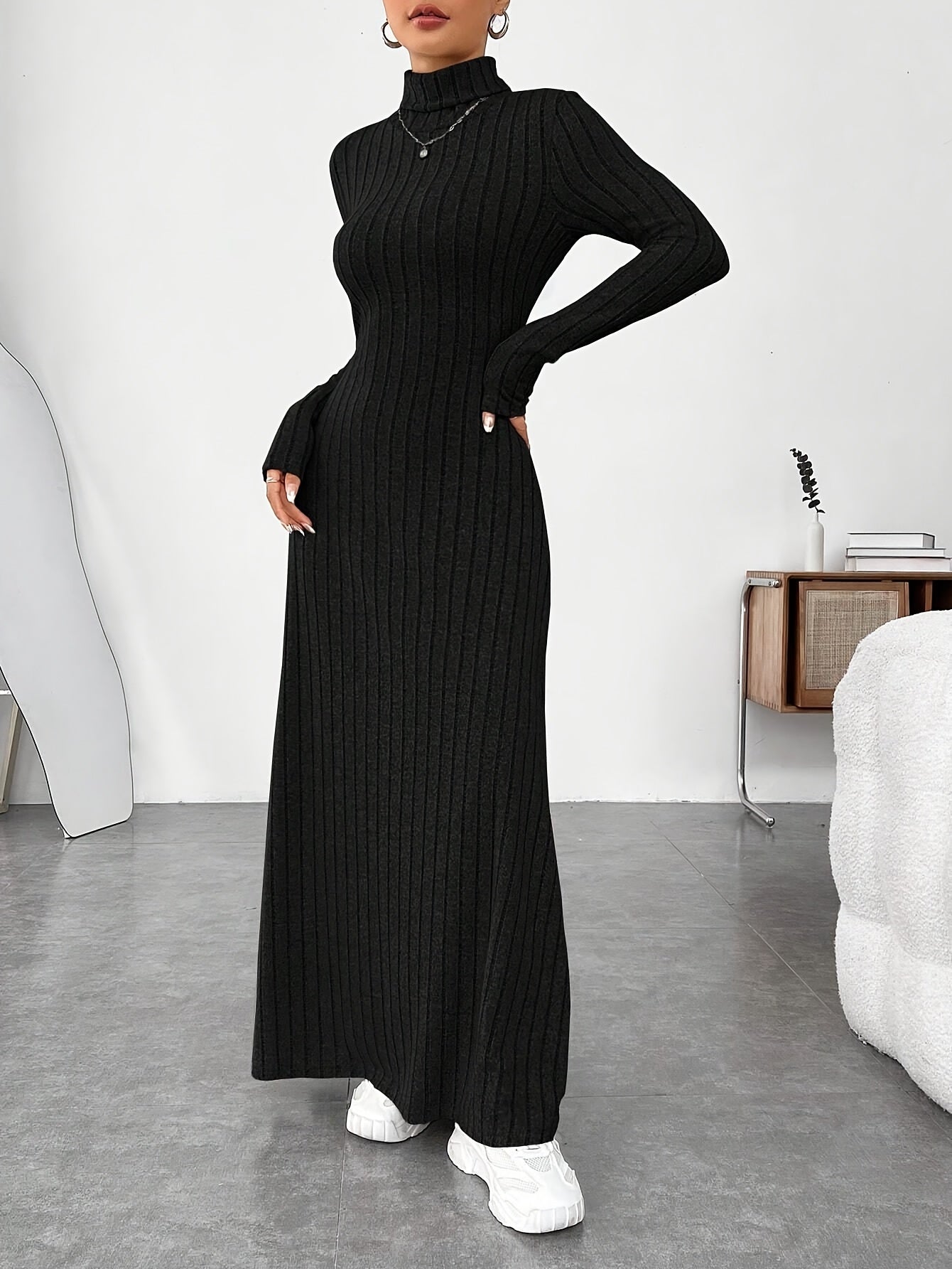 1pc Elegant High Neck Knit Dress for Women - Polyester Midi Fit and Flare with Long Sleeves, Solid Color, Skinny Fit, No Belt - Ideal for Fall/Winter Season