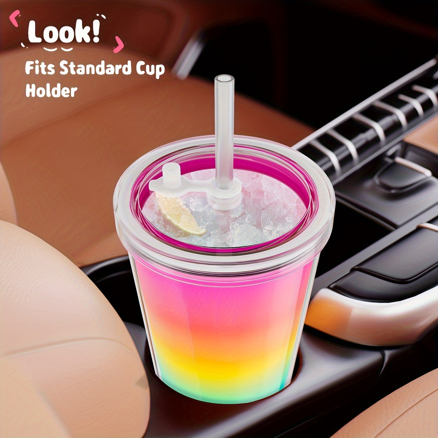 Meoky 24oz Double Wall Rainbow Color Changing Cup with Lid & Straw - BPA-Free, Lightweight, Reusable Plastic Tumbler for Iced Coffee, Parties, Pool Days - Add Cold Liquid Below 67°F to Reveal Magical Rainbow Colors