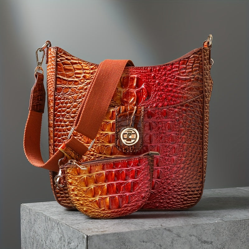 Elegant women's cross-body bag, fashionable color crocodile pattern cross-body bag, wide shoulder strap removable two-piece women's bag, safety zipper bag with coin purse