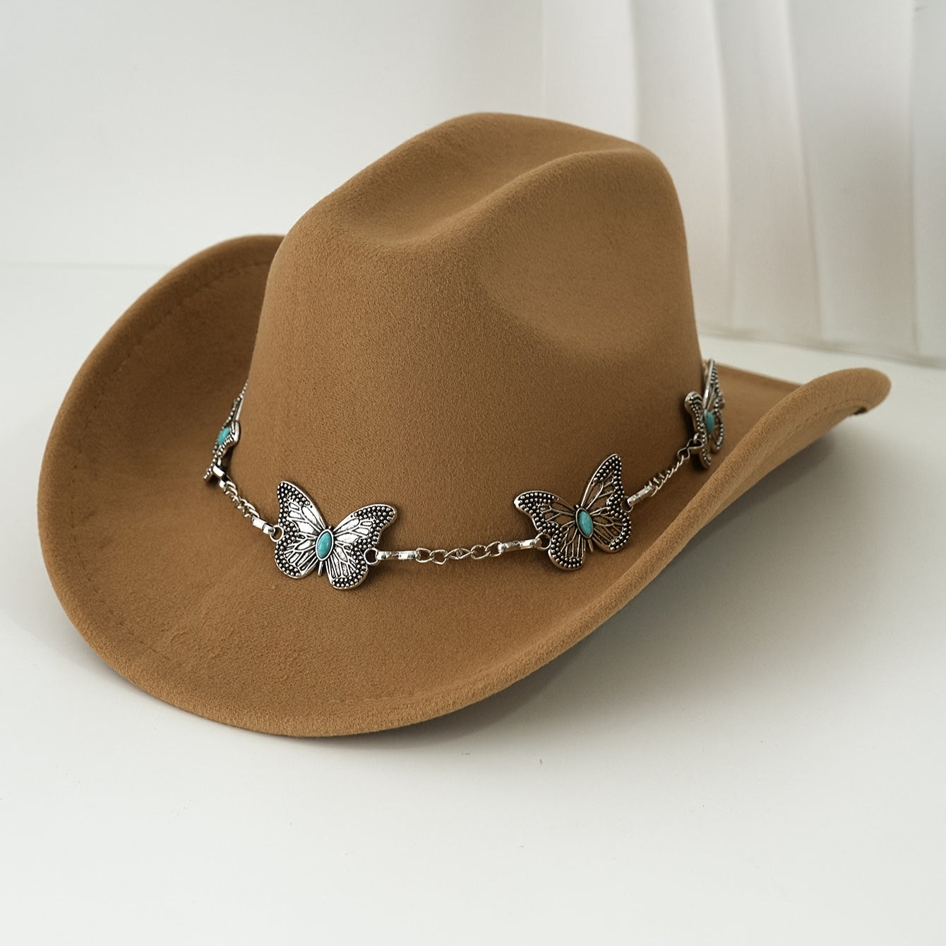[Western Cowgirl Hat] 1pc Western Cowgirl Hat | Lightweight, Polyester, Woven, Fedora Style with Silvery Metal Butterfly, Ideal for Western Themed Events & Grassland Music Festivals
