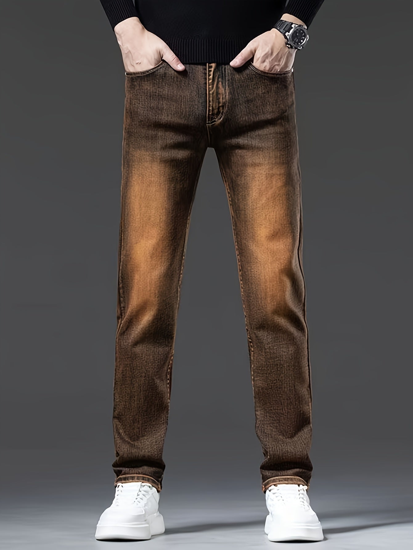 Men's Slim Fit Stretch Denim Jeans - Dark Brown, All-Season Wear, Cotton Blend, Machine Washable, Classic Design with Pockets, Versatile for Casual or Formal Occasions