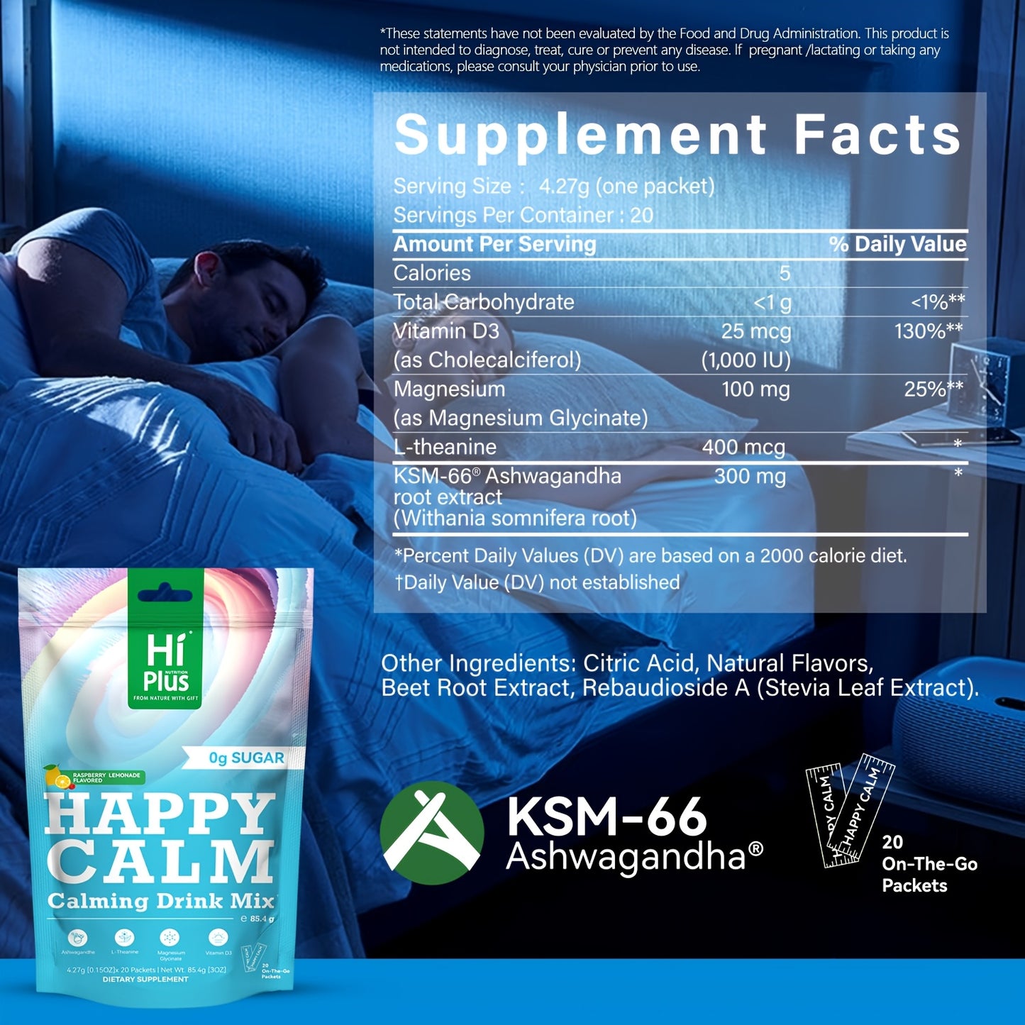 HiPlus Calm Super Powdered Drink Mix, Raspberry Lemonade, L Theanine, Ksm-66 Ashwagandha, Magnesium Glycinate, Vitamin D 3, Supplement for Relaxation And Concentration, Sugar-Free, On-the-Go, 20 Ct-Calming Magnesium Calming P