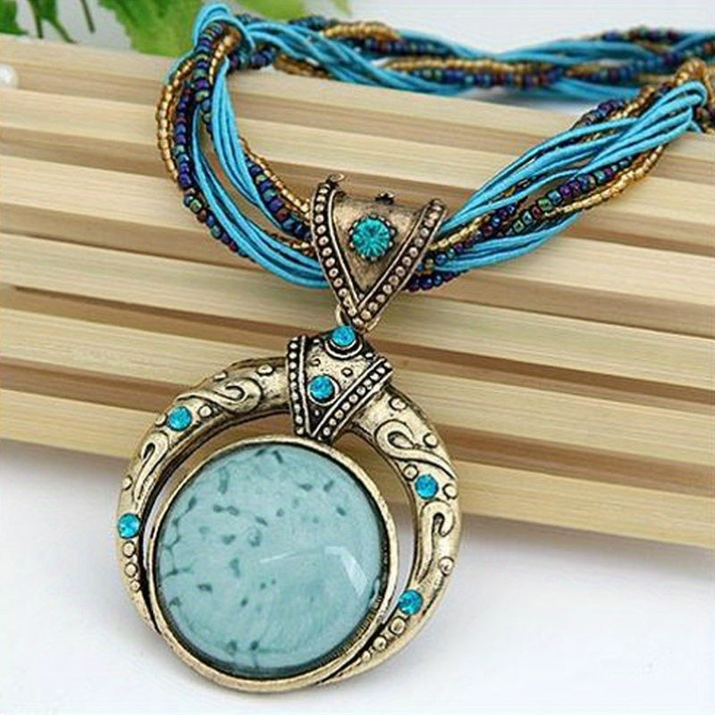 1pc Elegant Bohemian Necklace - Green Marble-like Stone Pendant with Golden-Tone Alloy Chain, All-Season Jewelry for Women, Parties, Holidays, Everyday & Formal Events - Year-round Elegant Necklace Gift, Holiday Accessory, Cl