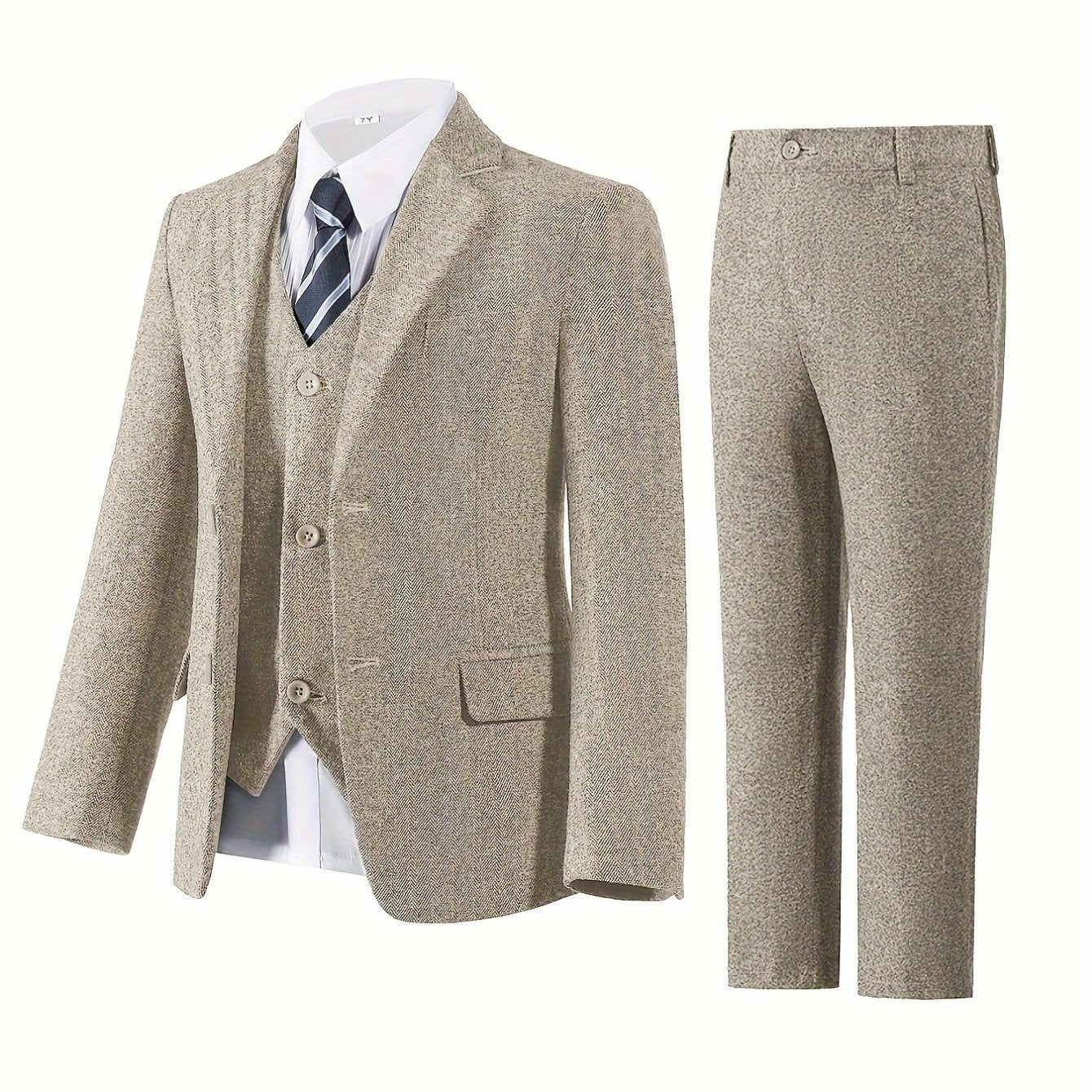 Boys' 3pcs Slim Fit Tuxedo-Style Suit Set Herringbone Jacket Vest Dress Pants Formal Wedding Attire with Ring Bearer Gloves