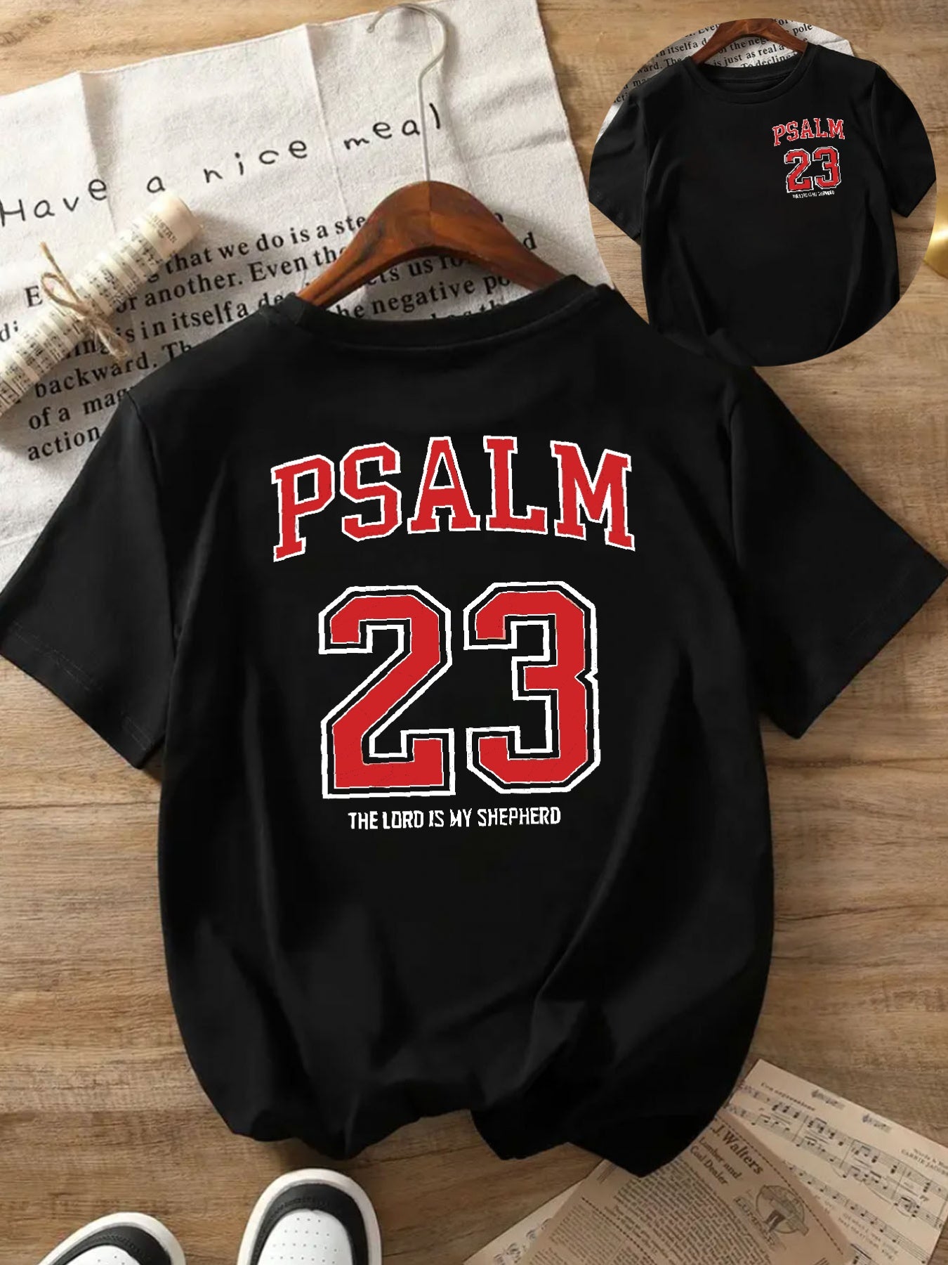 Black with Red Lettering Psalm 23:5 Print Women's Casual T-Shirt - Comfortable Crew Neck, Short Sleeve, Classic Summer Top for Casual Attire, Faith Inspired Apparel | Durable Casual wear, Ladies T Shirts
