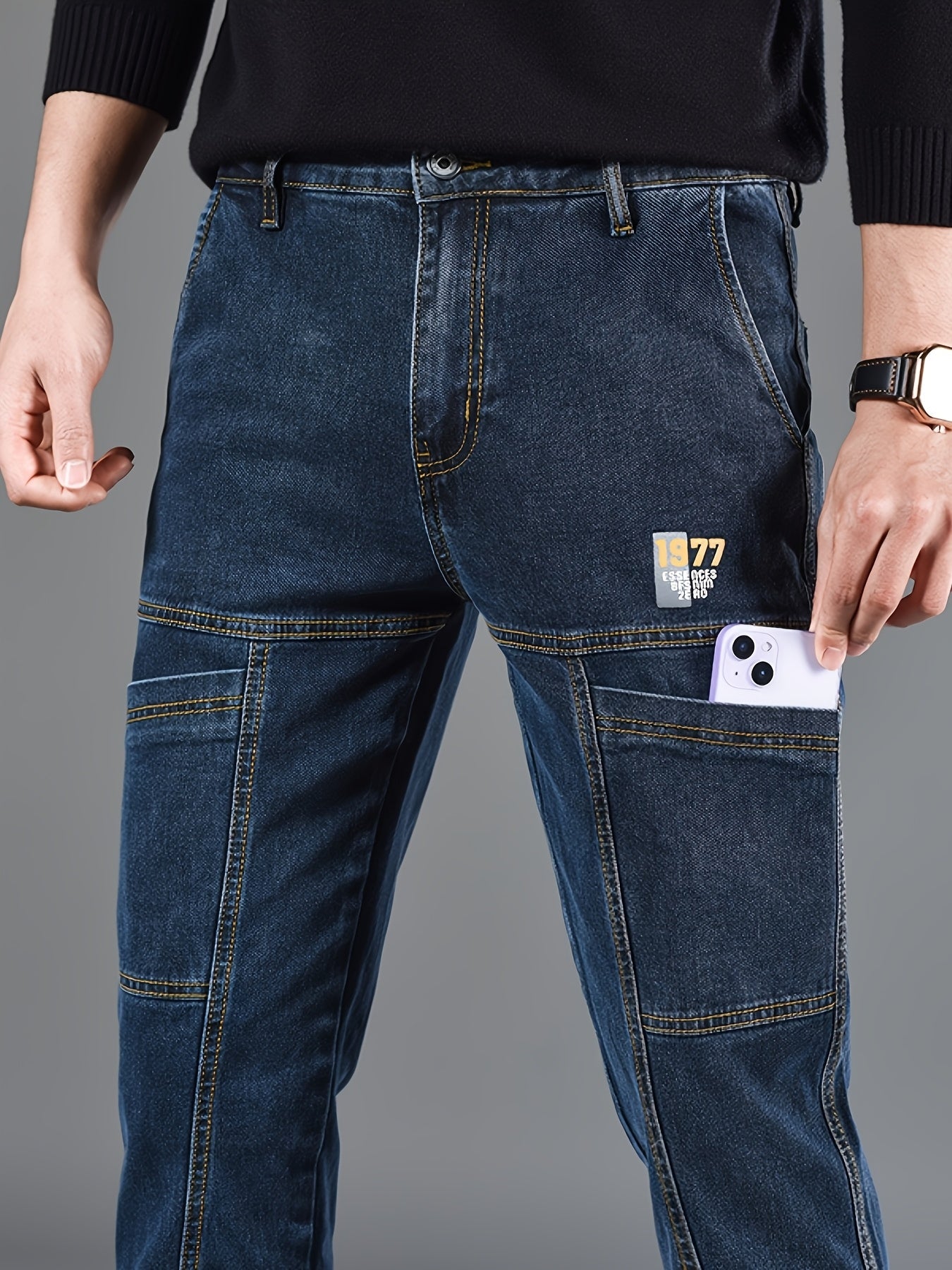 Men'S Small Straight Tube Style Fashionable Printed Six Pocket Design Micro Elastic Denim Pants