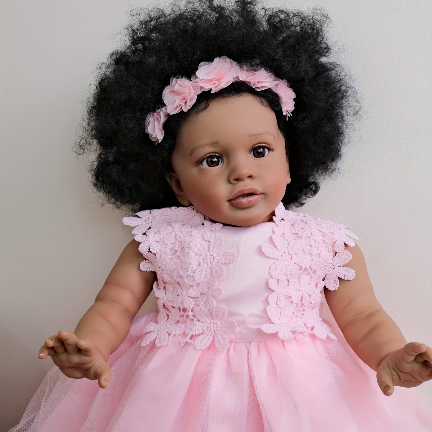 [Realistic Reborn Baby Doll] 26" African American Black Realistic Reborn Baby Doll with Rooted Curly Hair, Expressive Eyes & Lifelike Light Beige - Newborn Girl Doll with Outfit & Diaper - Ideal Gift for Girls Age 3+ (Vinyl &