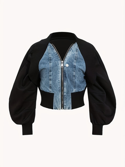 Chic Women's Denim Jacket - Casual Long Sleeve, Zip-Up Crop Top with Color Block Design, Rayon & Polyester Blend, Machine Washable