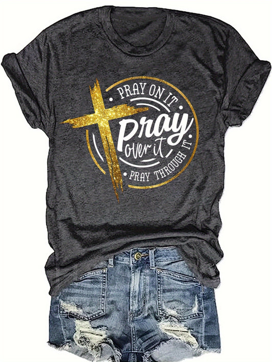 Cross & Pray Print Crew Neck T-shirt, Casual Short Sleeve Top For Spring & Summer, Women's Clothing