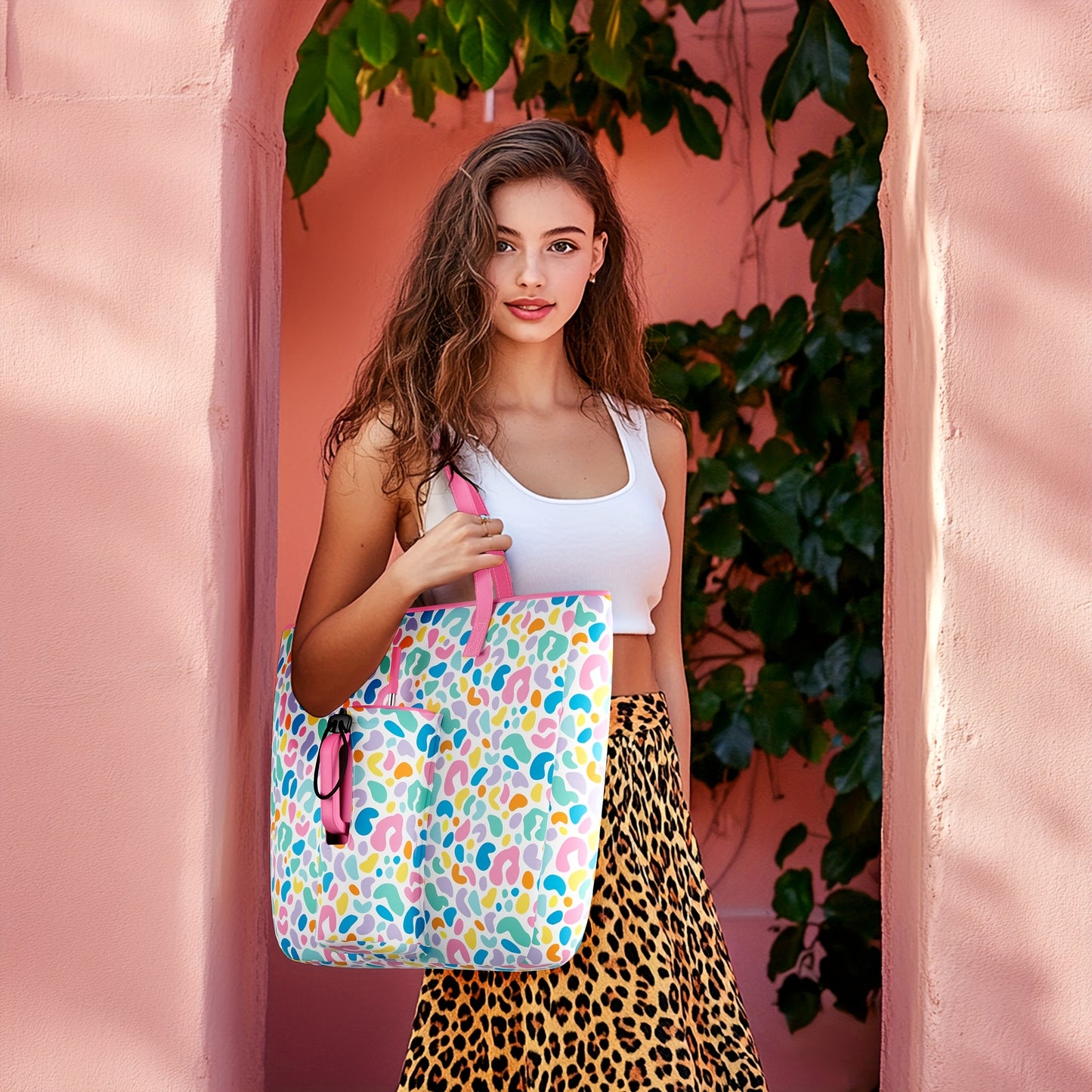 [Pink Nylon Tote] MEOKY Large Pink Nylon Tote Bag | 3.96gal High Quality with Zippered Compartment & Wrist Strap - Water Bottle Carrier Bag, Work Carryall Purse, Fashionable Luggage Accessory, Sturdy Handles for Travel, Work,