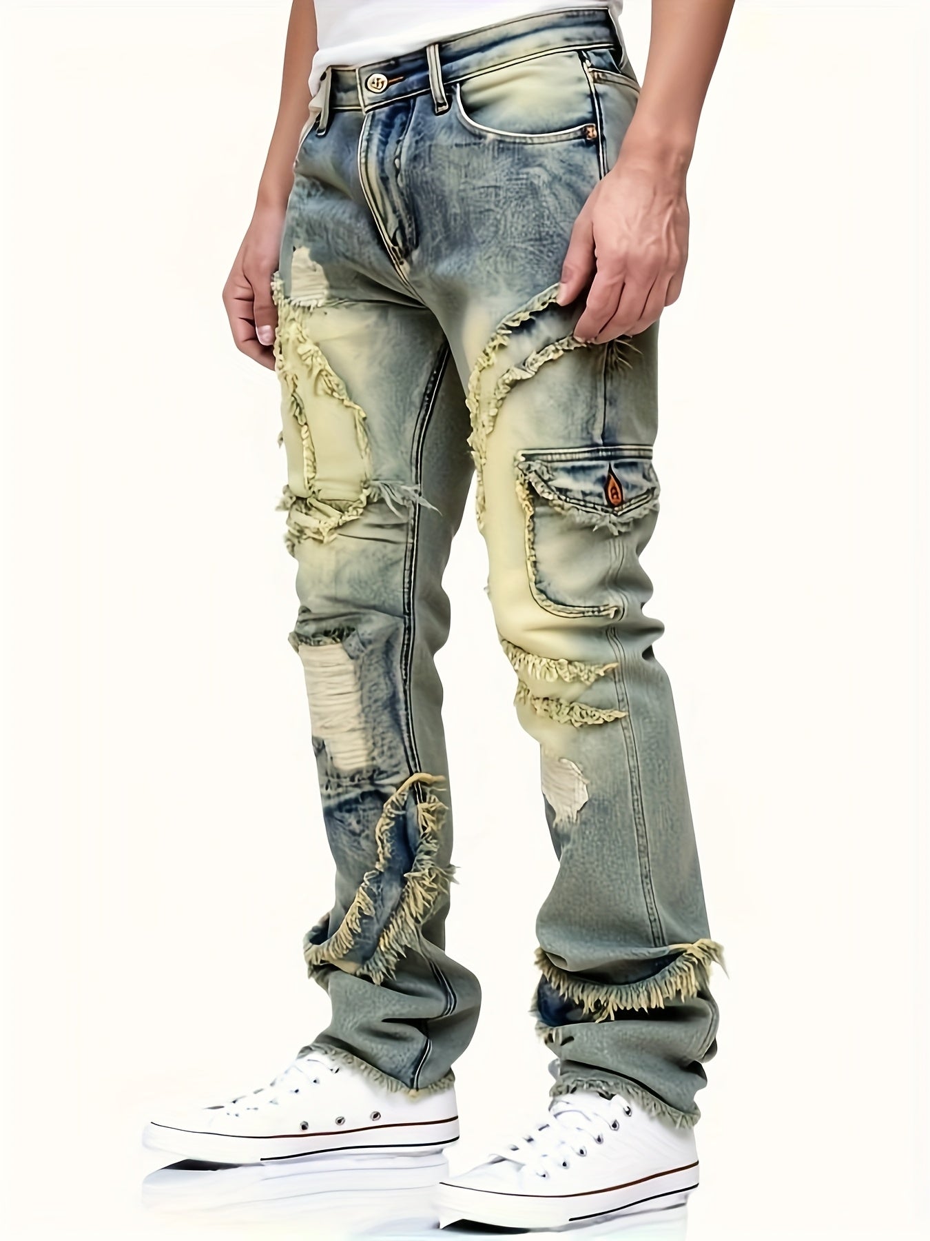 HME Men's Skinny Jeans - Heavy Washed Vintage Streetwear Pants with Patchwork Stitching, Stretch Denim (Cotton-Based), Mid-Rise Fit, All-Season Urban Fashion Jeans for Men, Casual Streetwear, Versatile Bottoms, Retro Style, D