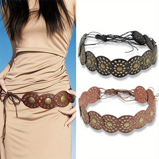 Vintage Bohemian Round Cut-Out Waist Belt with Golden-Tone Buckle, Black & Brown, Perfect for Dresses, Skirts, and Casual Outfits, Bohemian Fashion Accessory|Vintage Style Belt| Belt, Boho Chic