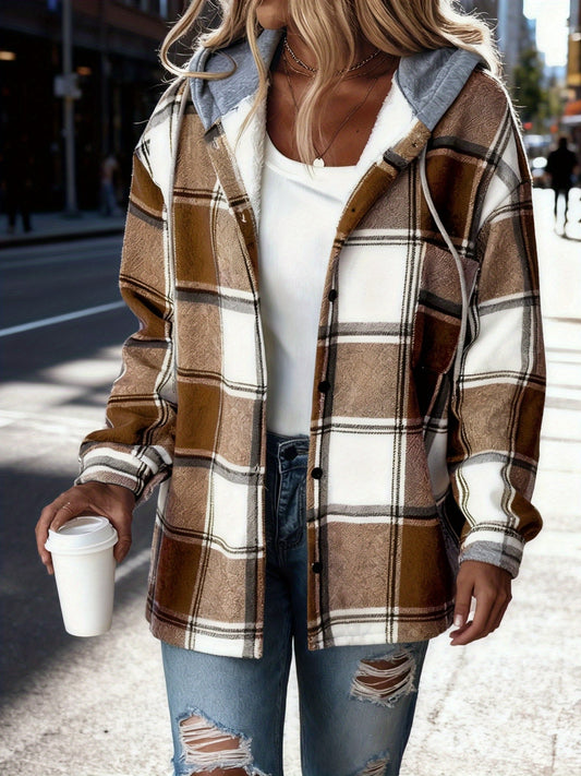 Women'S Plaid Hooded Jacket With Fleece Lining - Cozy Winter Coat, Adjustable Drawstring Hood & Button Front, Casual Warm Outerwear For Fall And Winter, Durable Fabric, Casual Attire Womens Clothes Womens Clothing Clothes Wom