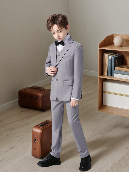 Boys' Dark Grey/White 2pcs Suit Ensemble - Slim Fit Long Sleeve Suit with Button-Up Front, Solid Color, Non-Stretch Fabric, Perfect for Ceremonies & Parties, -16, Back to School, Formal Attire, Classic Lapel Collar, Durable F