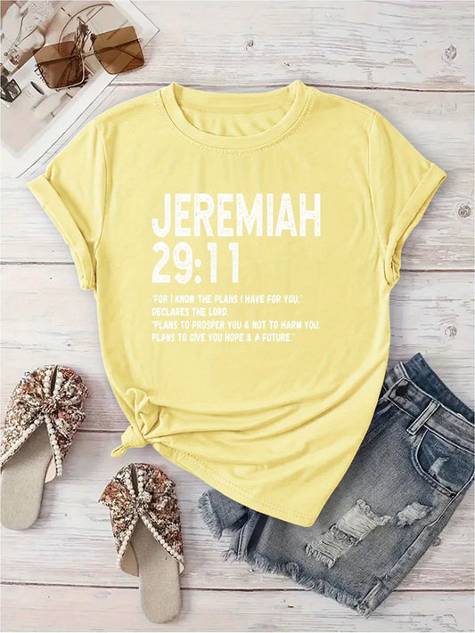 Women'S Inspirational Jeremiah 29:11 Graphic Tee - Vibrant Yellow Casual Short Sleeve T-Shirt with Floral Design, Lightweight & Machine Washable for Spring/Summer, Perfect for Casual Attire or Vacation, Vacation Clothing | Fl
