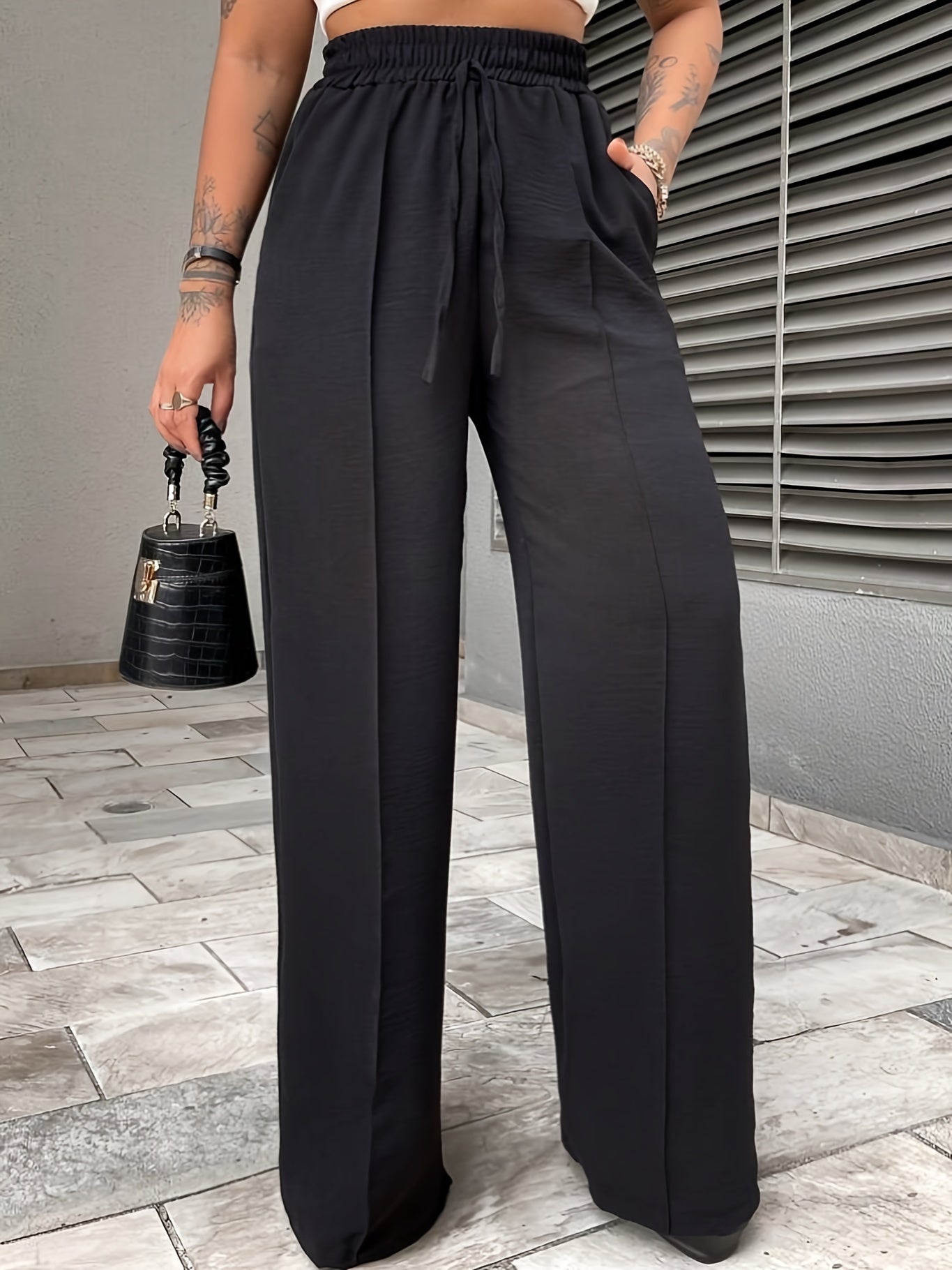 Elegant Middle-Eastern Polyester Straight Leg Pants 95% Polyester 5% Elastane Solid Color with Faux Drawstring Detail Spring/Fall Collection for Women - Woven Fabric, Comfort Fit Lounge Trousers with Pockets