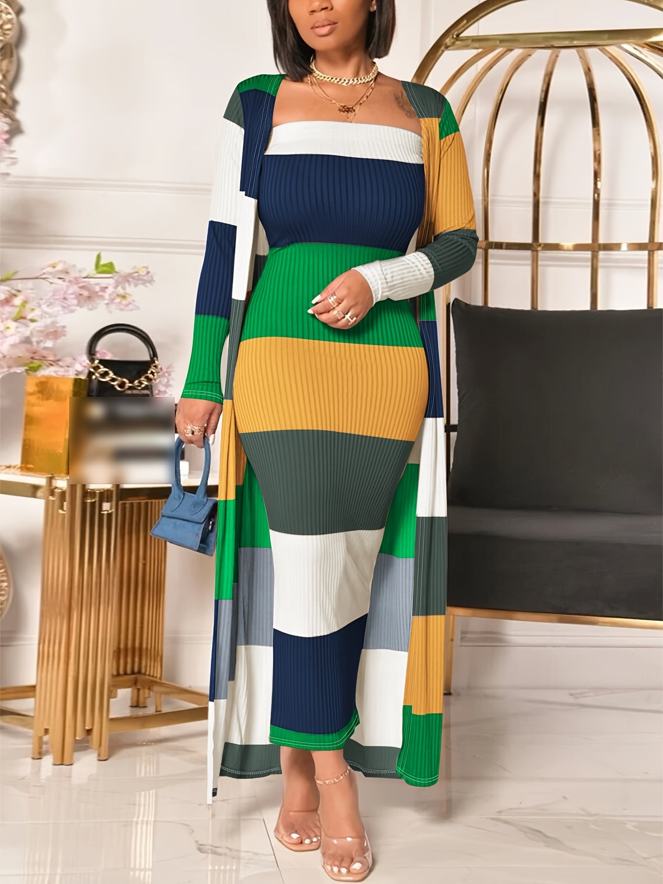 Plus Size - Plus Size Women'S Striped Tube Dress + Jacket Two-Piece Set - Black & White Stripes, Ribbed Fabric, Long Sleeve, Loose Fit, Stretchy Polyester Blend, Perfect for Spring & Fall