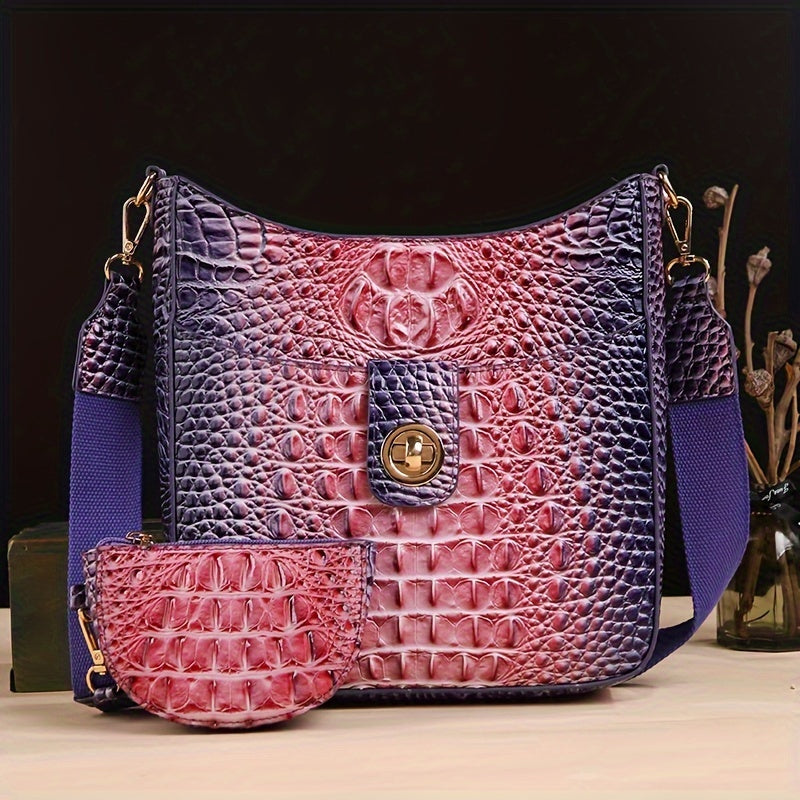 Elegant women's cross-body bag, fashionable color crocodile pattern cross-body bag, wide shoulder strap removable two-piece women's bag, safety zipper bag with coin purse