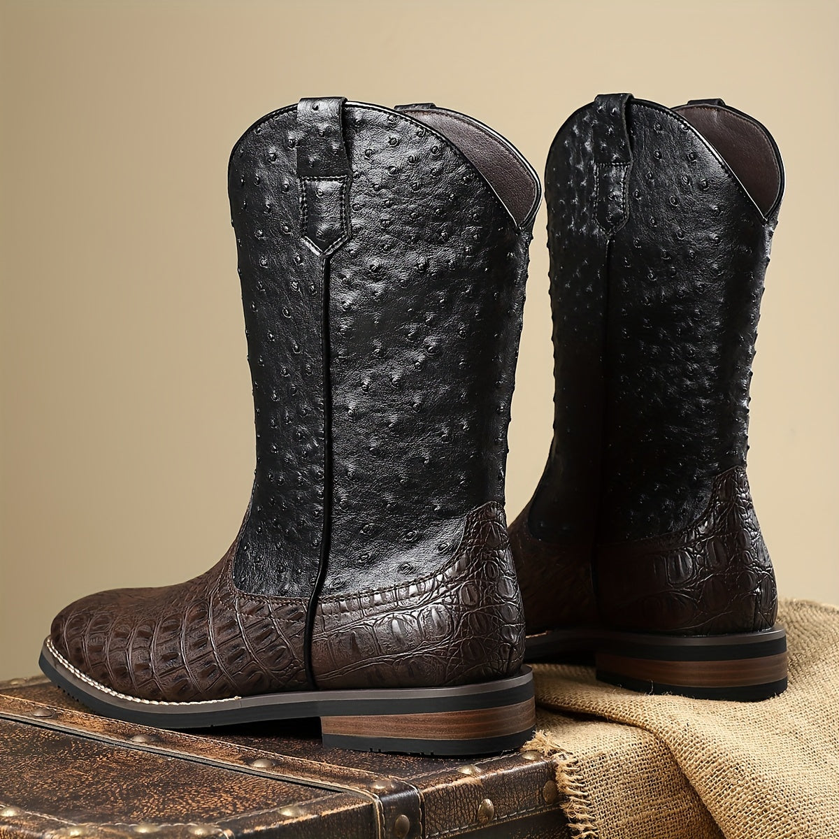 [All-Season Solid Color Cowboy Boots] Men's Casual Western Boots with Ostrich-Quill Print PU Upper, Fabric Lining, Rubber Sole, Slip-On Closure, Pointed Toe - All-Season Solid Color Daily Wear Cowboy Boots