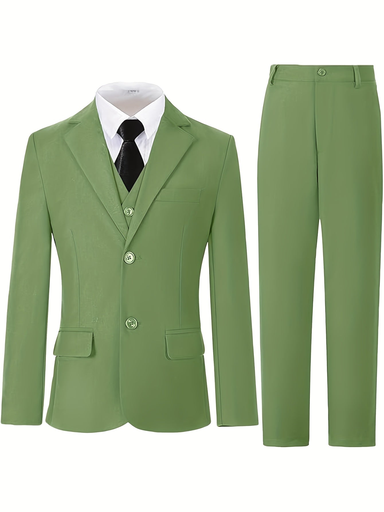 Boys' 3-Piece Suit Set: Slim-Fit Solid Green Jacket, Vest & Pants with Pockets - All-Season Formal Party Wear, Long Sleeve, Regular Sleeve Design, Formal Attire for Boys, Party Attire, Classic Lapel Collar, Durable Fabric