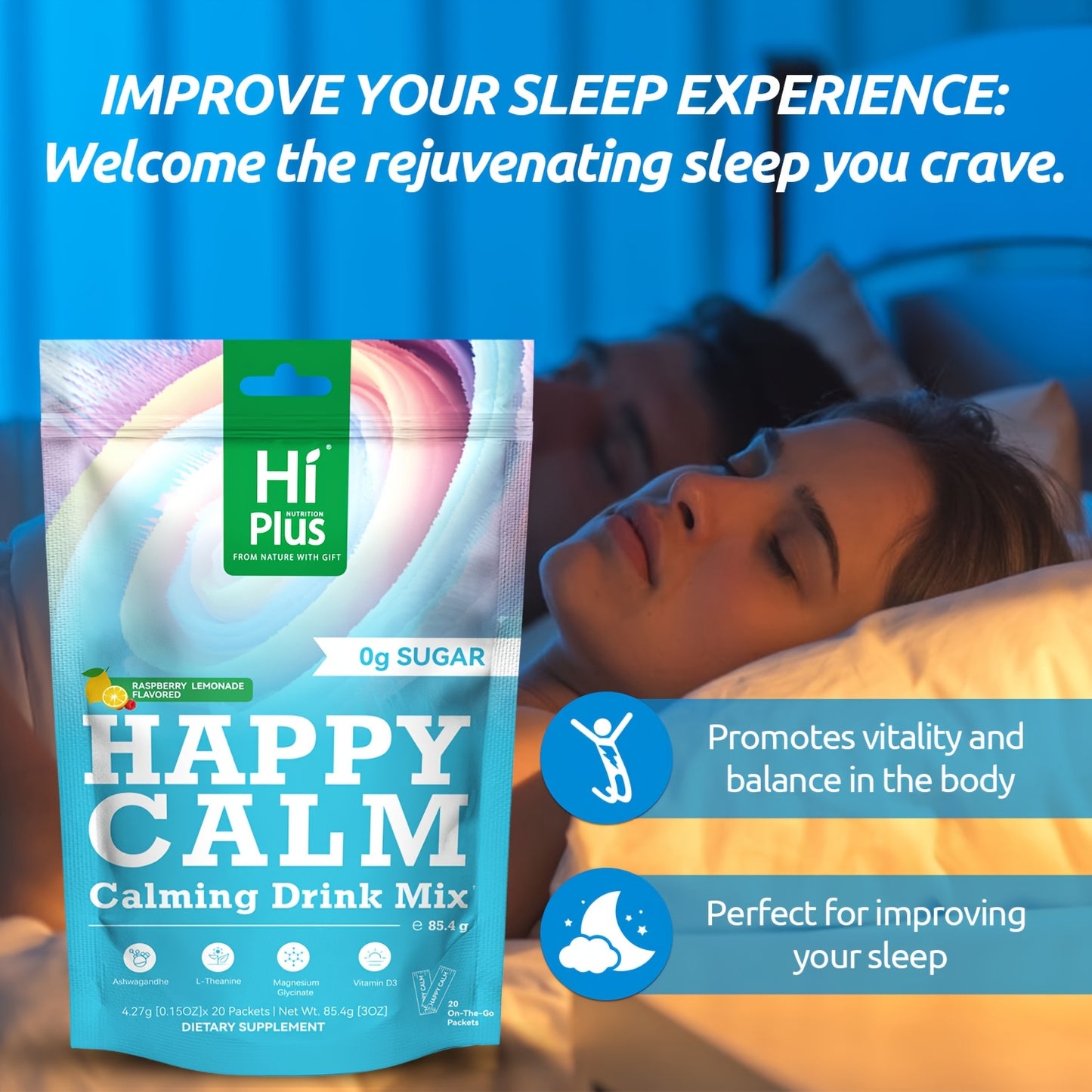 HiPlus Calm Super Powdered Drink Mix, Raspberry Lemonade, L Theanine, Ksm-66 Ashwagandha, Magnesium Glycinate, Vitamin D 3, Supplement for Relaxation And Concentration, Sugar-Free, On-the-Go, 20 Ct-Calming Magnesium Calming P