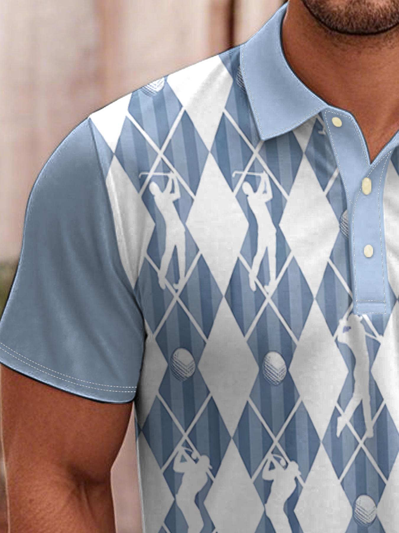 Men'S Stylish Diamond Grid & Golf Swing Print Short Sleeve Shirt - Light Blue & White Collar, Regular Fit Casual Sports Top for Spring/Summer Outdoor Activities