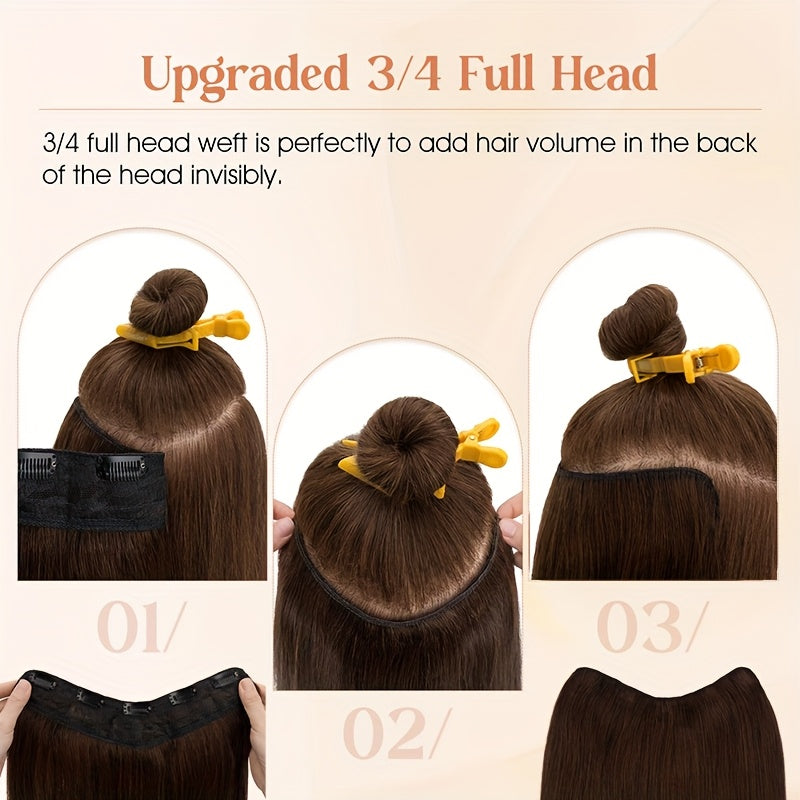 16-Inch Long Human Hair Clip In Extensions - Full Head V-Shaped Weft with 5 Clips, Natural Brown/Black/Blonde/Dark Brown/ Brown/Dirty Blonde/Chestnut Brown/Red Brown/White/Gray/ Auburn - Straight Hair Extension for Women, Bal