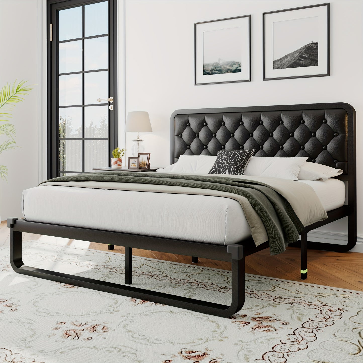 12" Heavy Duty Storage Platform Metal Bed Frame - Luxurious Button Tufted Upholstered Headboard, No Box Spring Needed, Sturdy Construction, Ample Storage Space, Easy Assembly