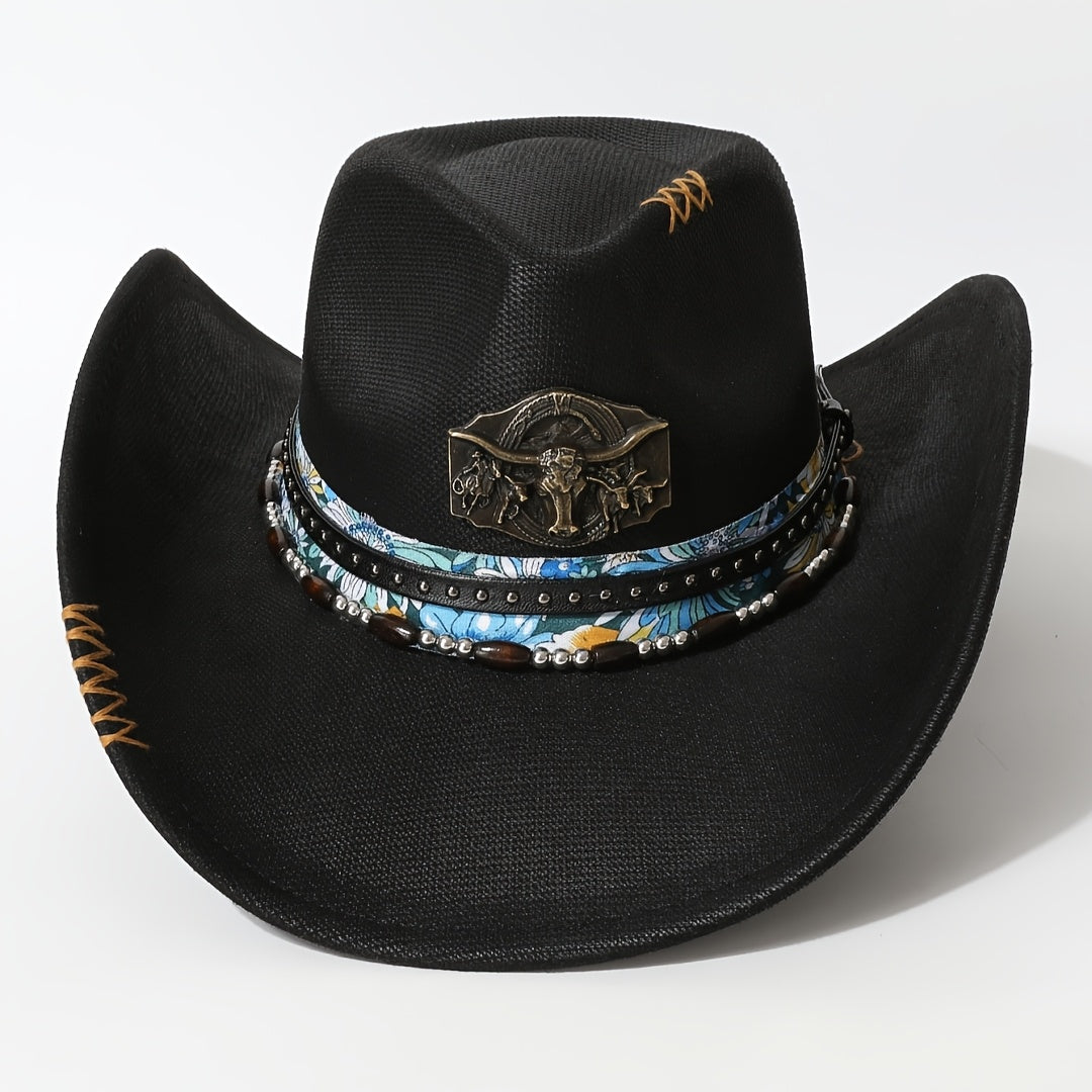 Men'S Western Cowboy Hat - Black Wide Brim with Blue & White Floral Embroidery, Copper Bull Head Metal Belt Buckle, Lightweight Fitted Design for Outdoor, Parties, Performances - All-Season Versatile Cowboy Hat, Cowboy Hat