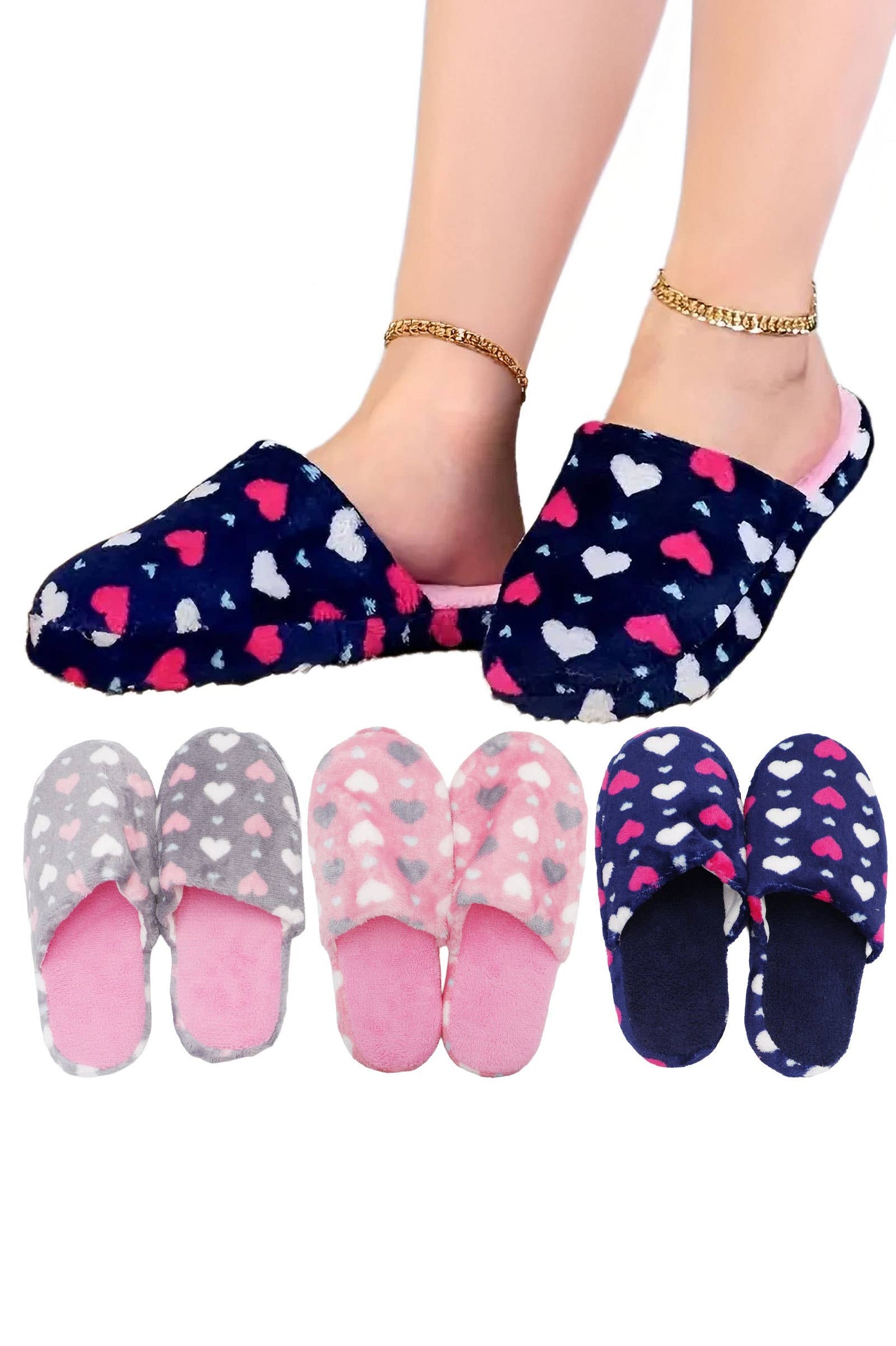 Heart Print Fuzzy Slipper Slides – Soft Foam Sole