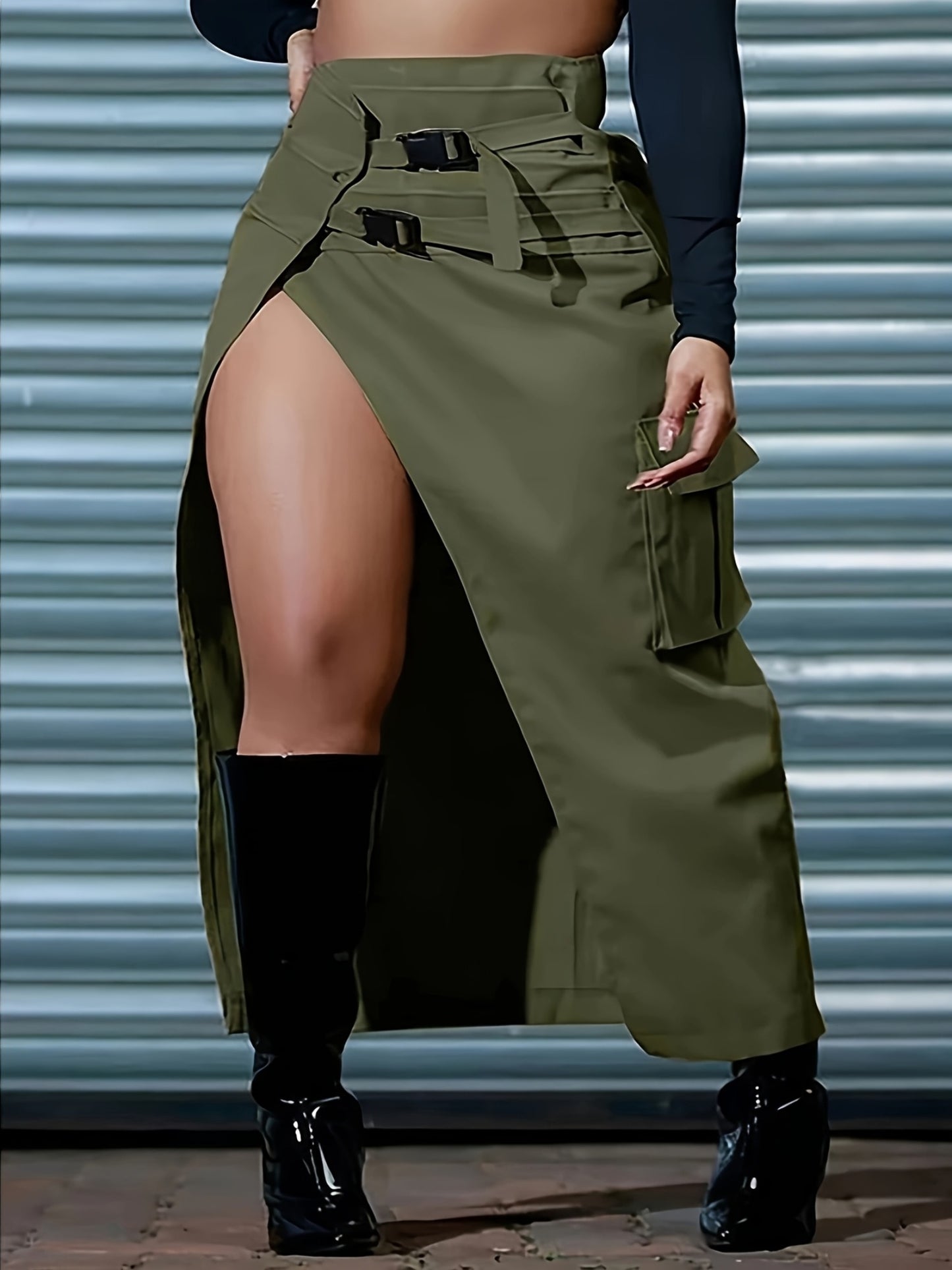 Women'S Stylish Solid Color Asymmetric Belt Flap Pocket Skirt - Cargo Style, Polyester Fabric, High-Waisted with Slit Detail, Black Boots, Casual Attire|Modern Casualwear|Polyester Skirt