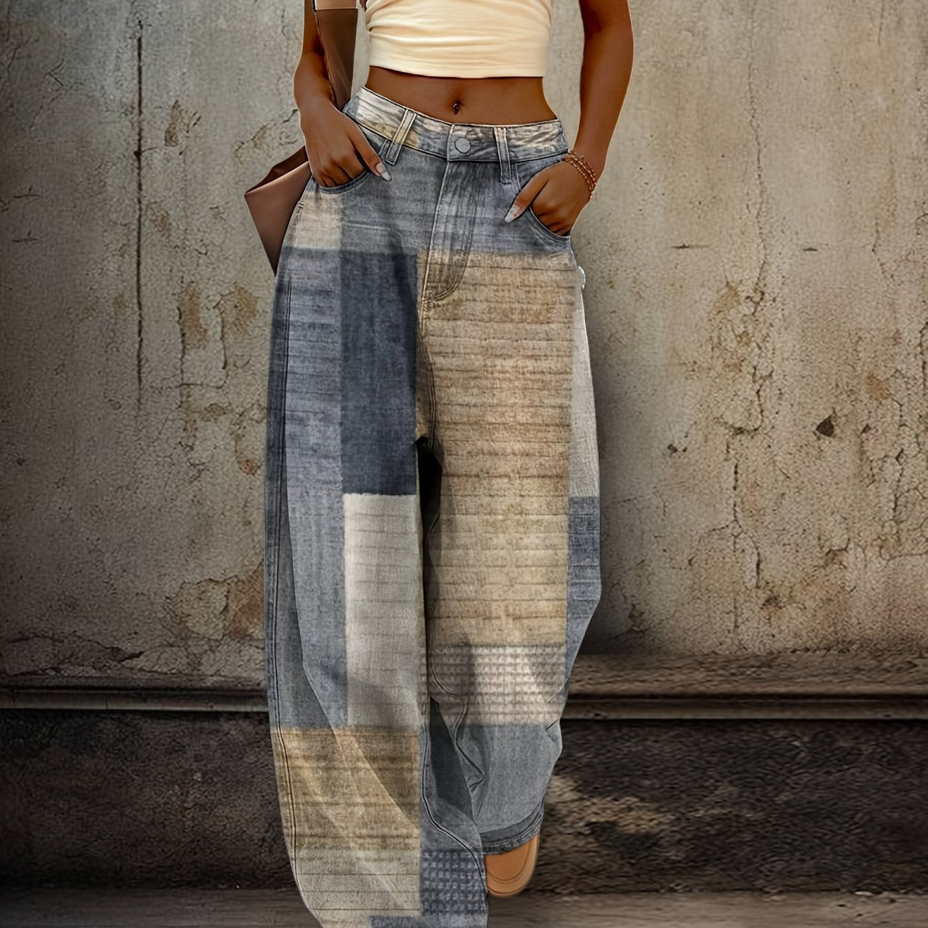 1 Pair Women's High-Waisted Loose Flared Jeans - Retro Casual Denim Pants with Creative Patchwork Print, Polyester Fabric, All-Season Comfort, Machine Washable, Ladies Jeans, Comfortable Fashion, Bellbottom Silhouette, Textur