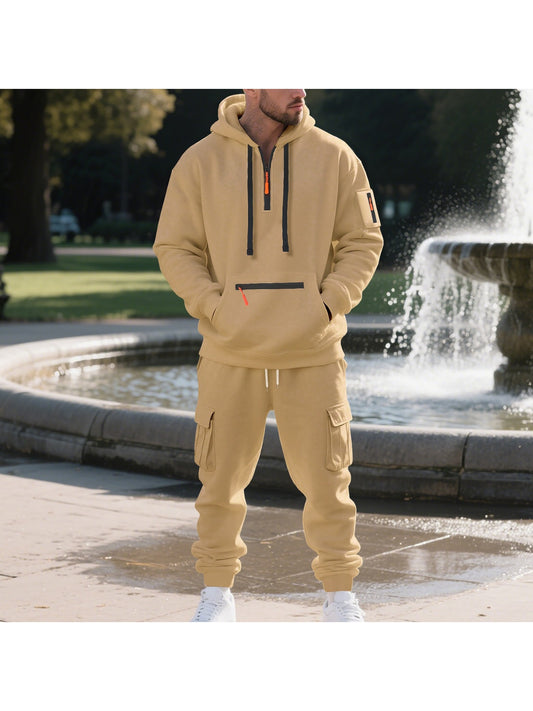1 Set 2pcs Men's Athletic Casual Tracksuit - Fleece Lined Hooded Long Sleeve Pullover Sweatshirt & Pocketed Sports Pants, Warm Fleece Lining with Breathable Fabric, Perfect for Daily Wear, Outdoor Activities, Home Leisure - M