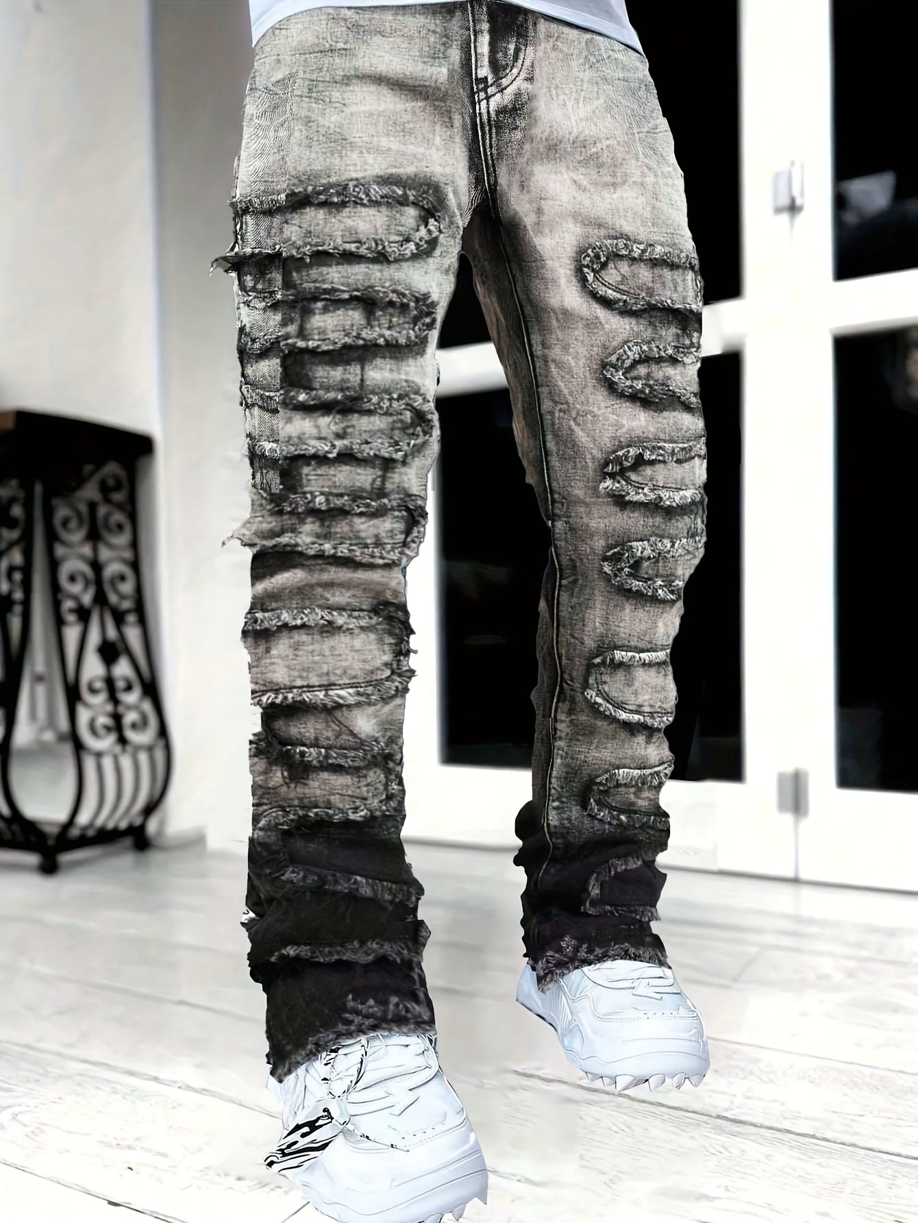 Men'S Fashion Trend Retro Washed Gradient Patch Versatile Straight Leg Jeans