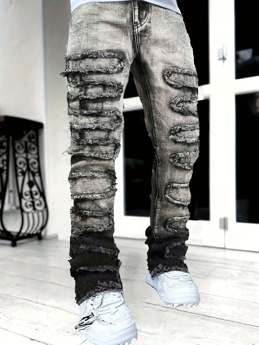 Men'S Fashion Trend Retro Washed Gradient Patch Versatile Straight Leg Jeans