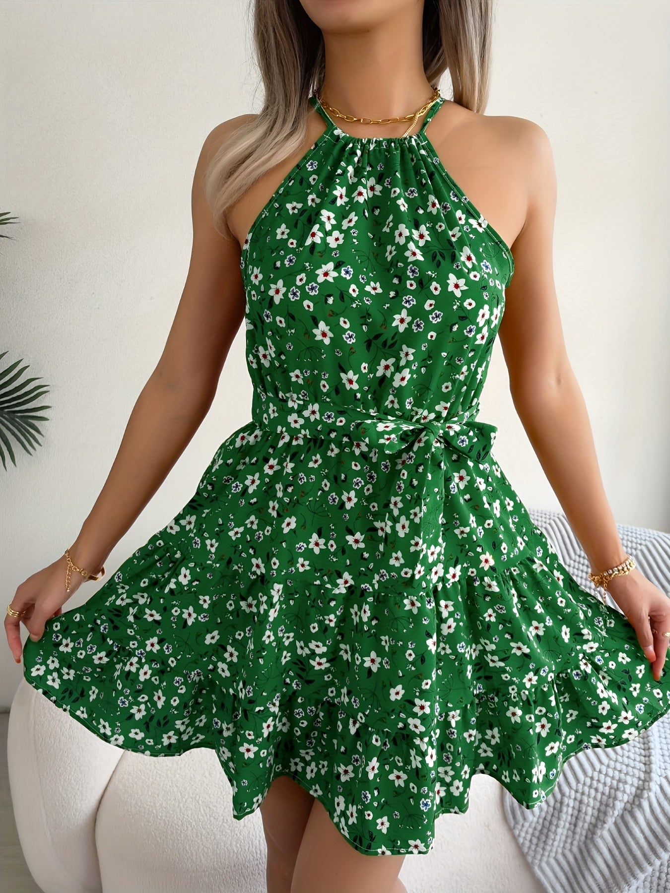 [Summer Floral Belted Beach Dress] Floral Print Belted Beach Dress, Sleeveless Casual Vacation Dress For Summer & Spring, Women's Clothing