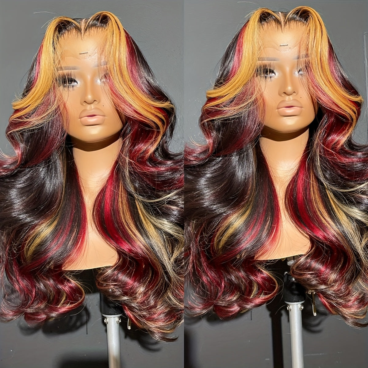 13x4 HD Lace Front Wig with Blonde & Red Highlights - Body Wave Synthetic Hair 180% Density Pre-Plucked Glueless 28 Inch Natural Look for Women All Ethnicities, Versatile Hairpiece | Elegant Hairpiece