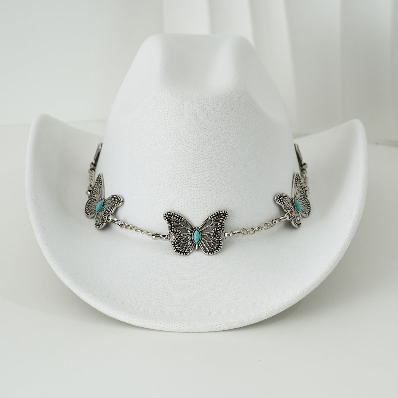 [Western Cowgirl Hat] 1pc Western Cowgirl Hat | Lightweight, Polyester, Woven, Fedora Style with Silvery Metal Butterfly, Ideal for Western Themed Events & Grassland Music Festivals