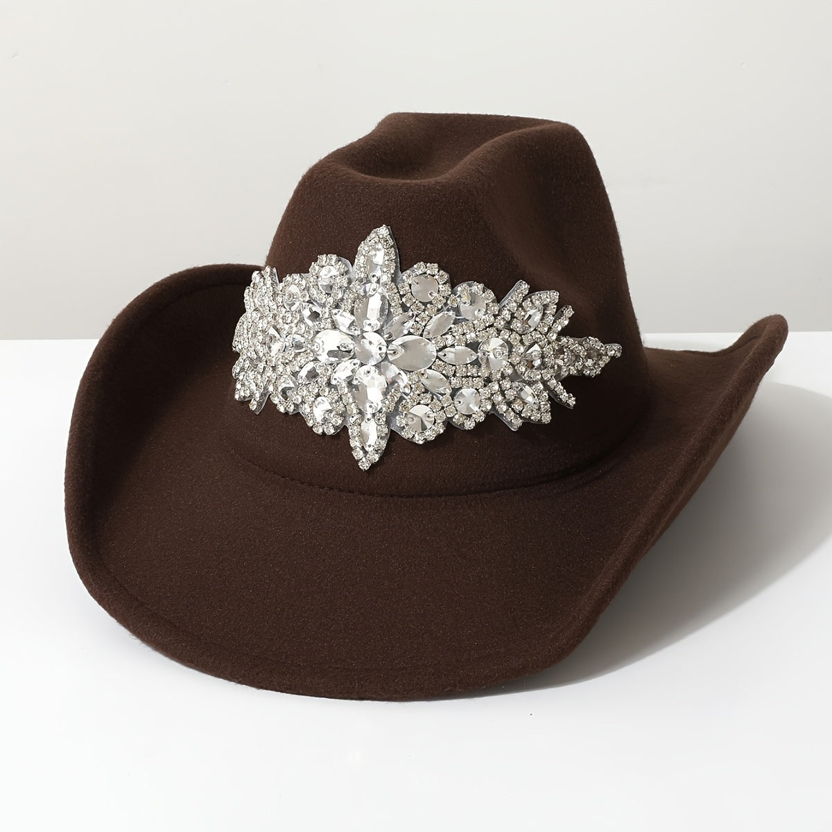 Women'S Luxurious Rhinestone-Embellished Brown Felt Cowboy Hat - Lightweight, Comfortable Jazz Fedora for Weddings, Parties, Western Events, Graduations, and Festivals, Western Event Accessory | Rhinestone Embellished Hat | L