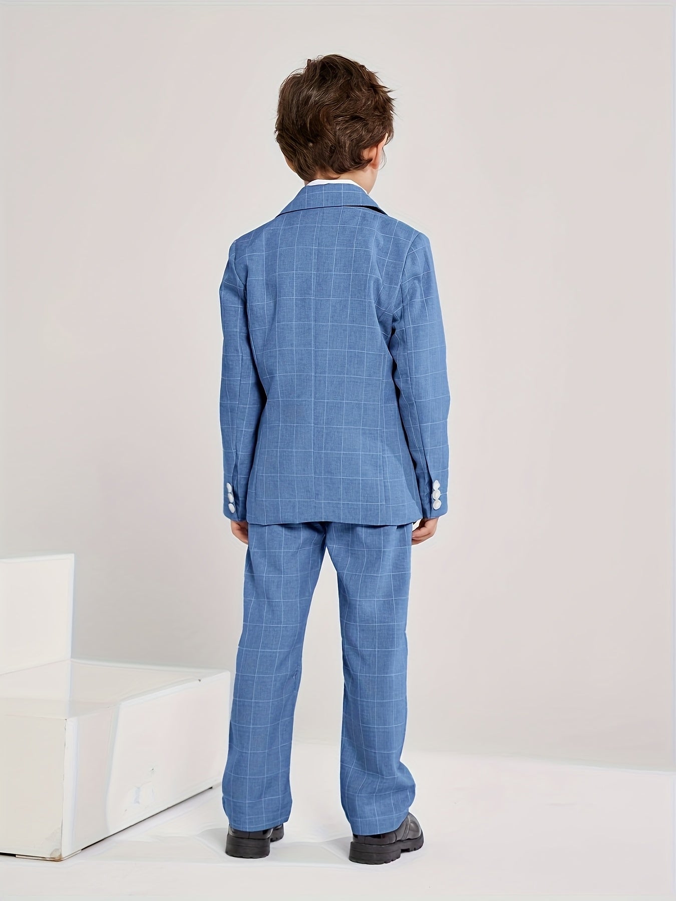 Kids' Elegant Blue Checkered Suit with Bow Tie - Perfect for Weddings and Formal Events, Slim Fit, Long Sleeve, Non-Stretch Fabric, Party Attire|Formal Attire|Slim Fit Suit