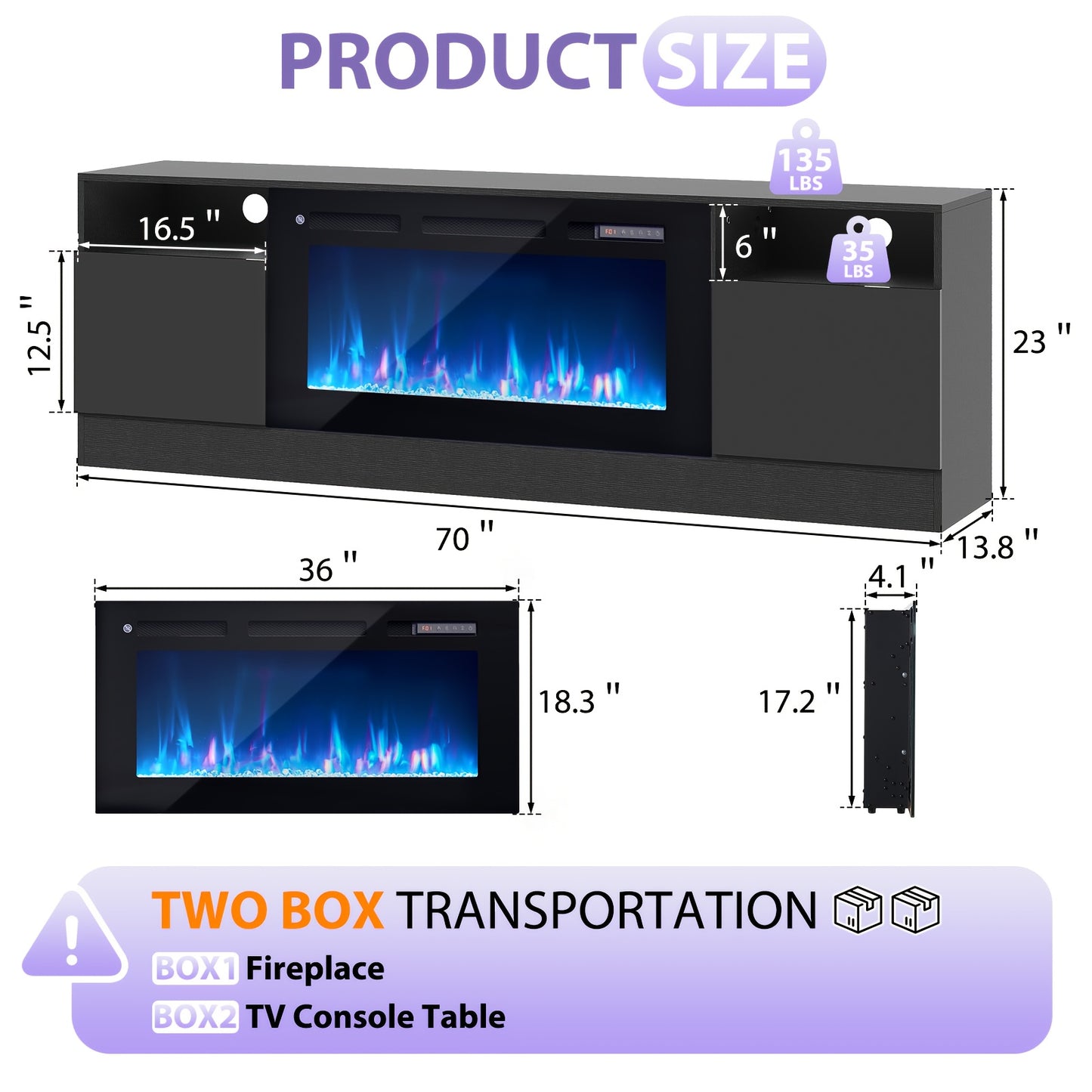 Modern Electric Fireplace TV Stand Entertainment Center with 36.3" Wall-Mounted Fireplace, 12-Color LED Lights, High-Gloss Storage Cabinet & Hardwood Construction - Fits TVs Up to 80", Energy-Efficient, Adjustable Timer