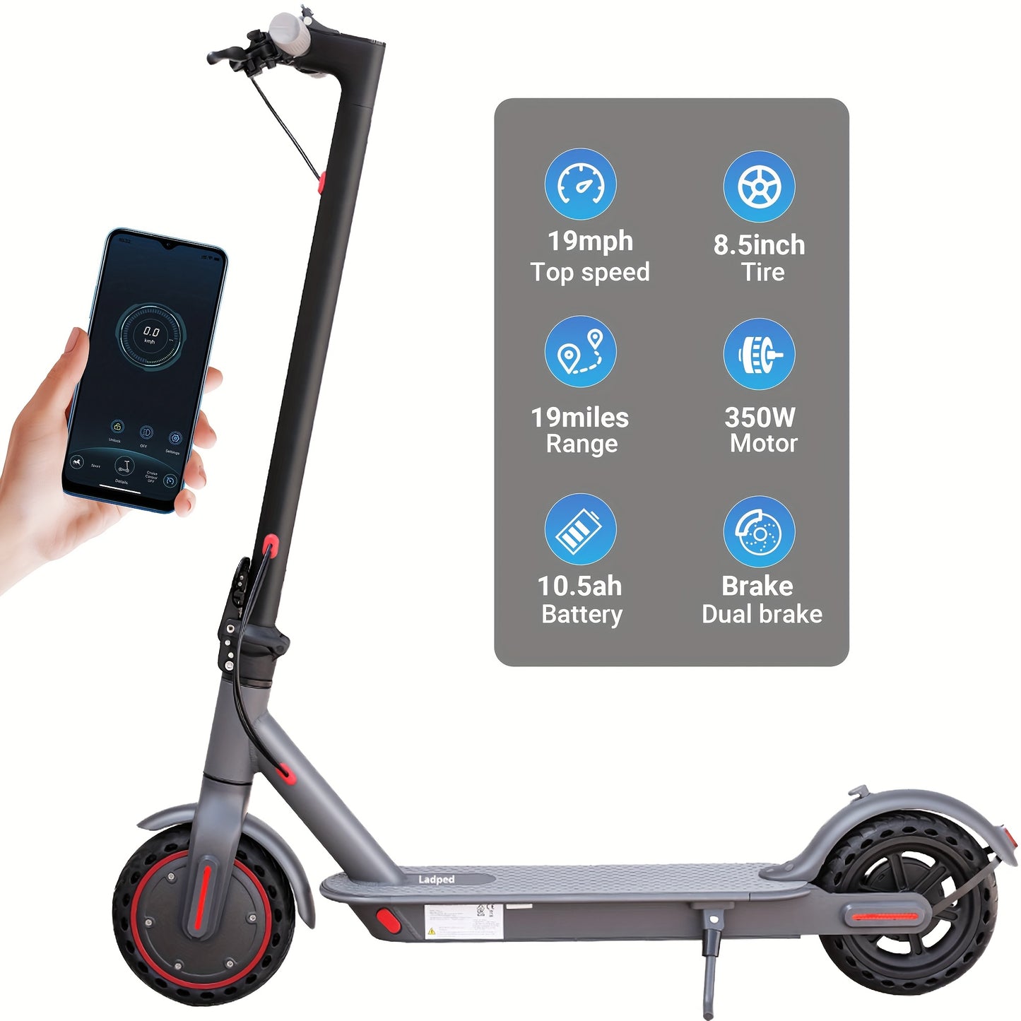 LADPED Electric Scooter LP80, 350W 36V, 8.5" Solid Tires, 19 Mile Range And 3 Modes, High Speed For Teens And Adults, Foldable And Height Adjustable, Designed For Beginners- Ideal For Travel, City Streets, Parks, Or Campus Pa