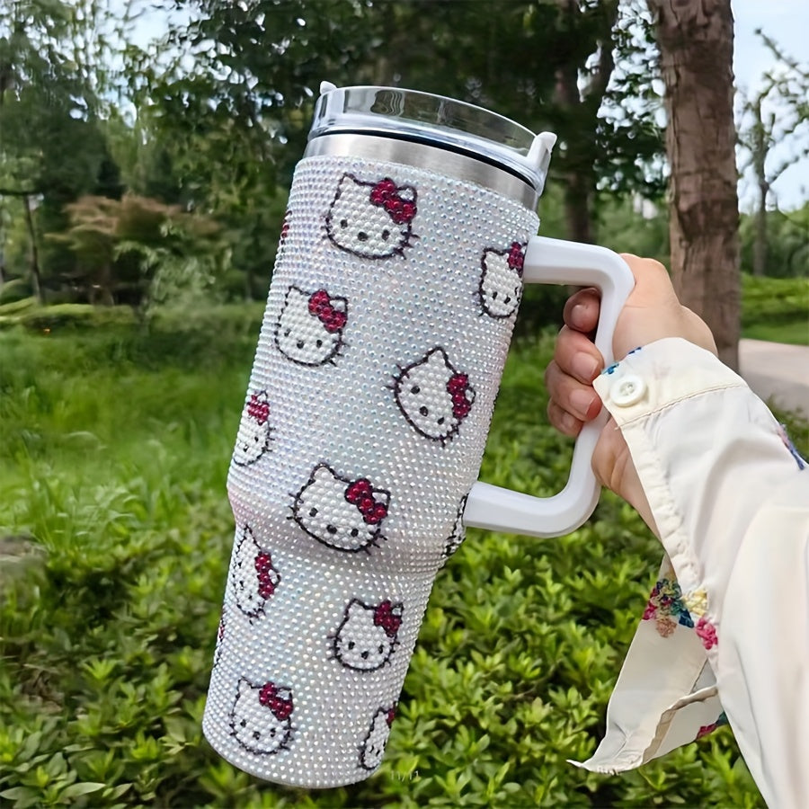 1pc Hello Kitty 40oz Stainless Steel Insulated Water Bottle with Rhinestone Tumbler Lid, Cute Pink Kitty Cat Handle & Straw - BPA-Free Thermos for,, Women, Birthday/Christmas/Valentine's Gift, Hot/Cold Drink Thermos, Drink Bo